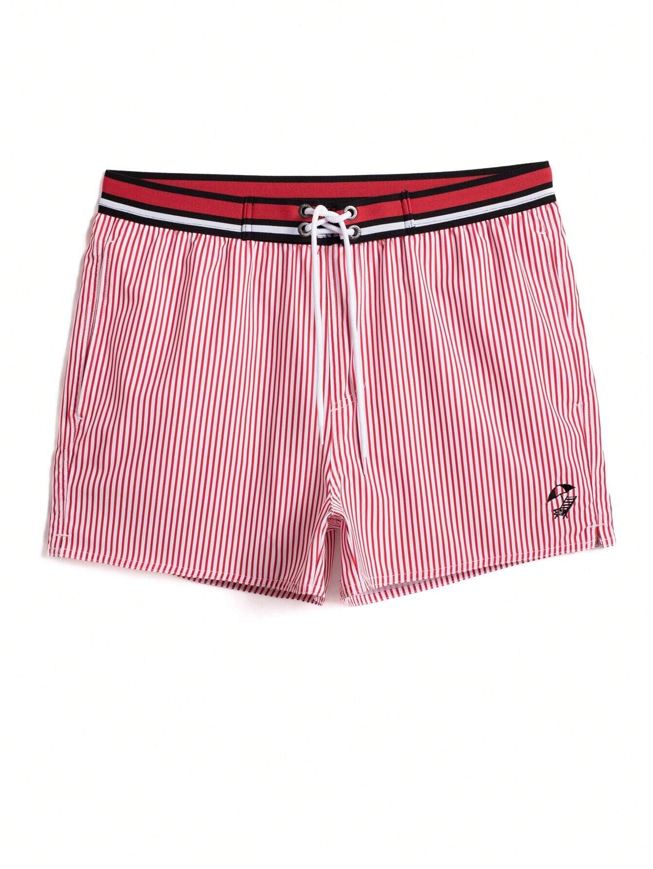 Striped Print Drawstring Waist Swim Shorts-Waves And Trunks