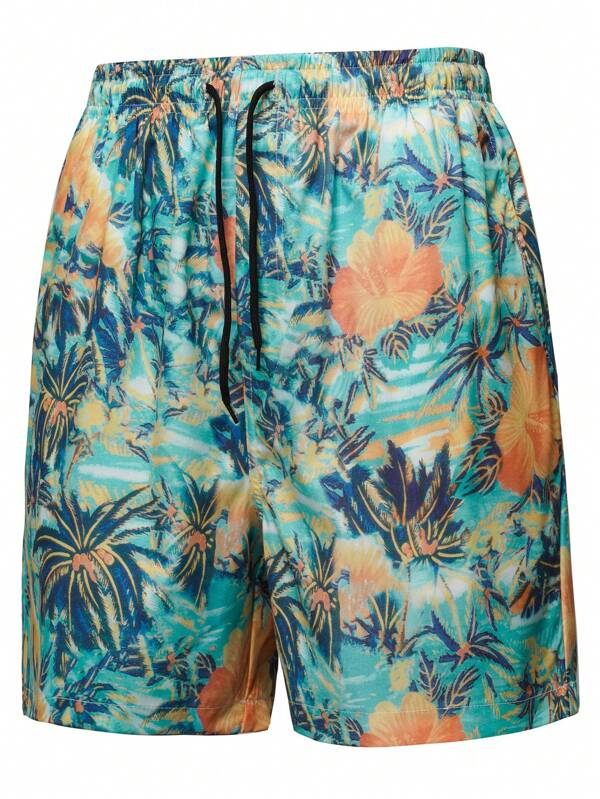 All Over Print Drawstring Shorts with Pocket-Waves And Trunks