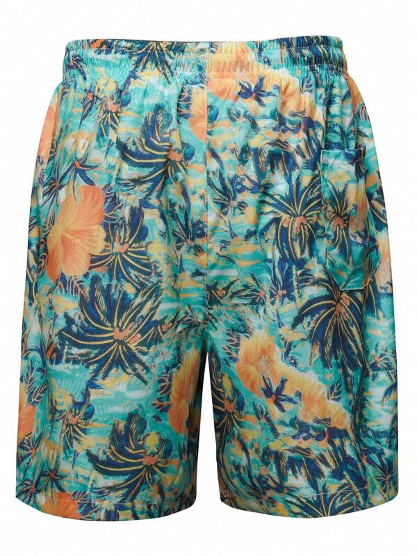 All Over Print Drawstring Shorts with Pocket-Waves And Trunks