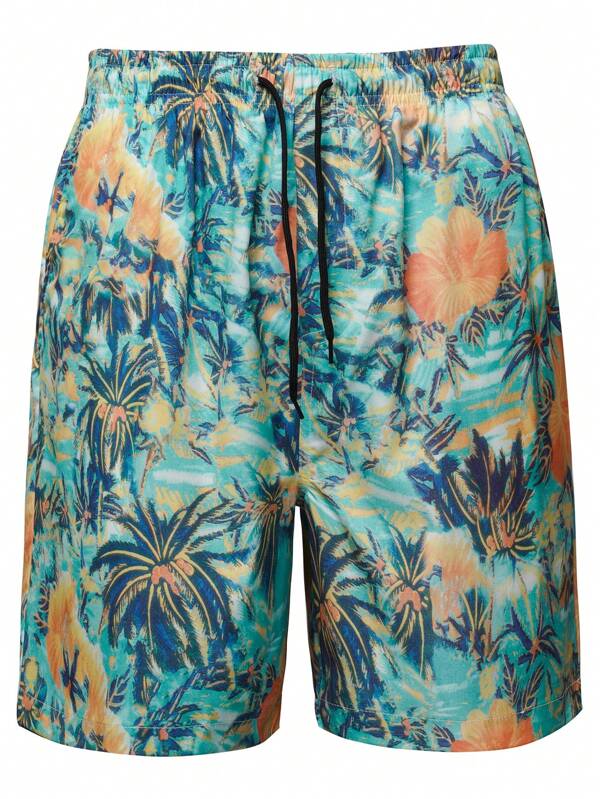 All Over Print Drawstring Shorts with Pocket-Waves And Trunks