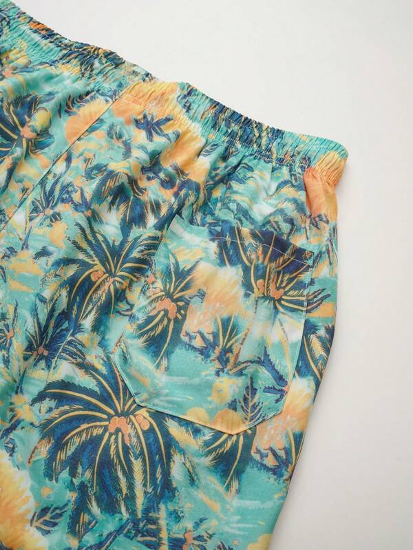 All Over Print Drawstring Shorts with Pocket-Waves And Trunks
