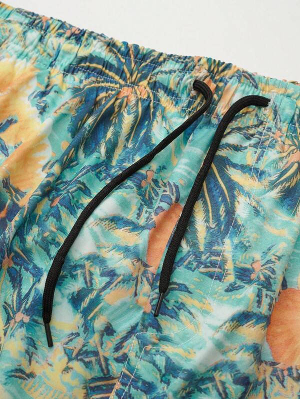 All Over Print Drawstring Shorts with Pocket-Waves And Trunks