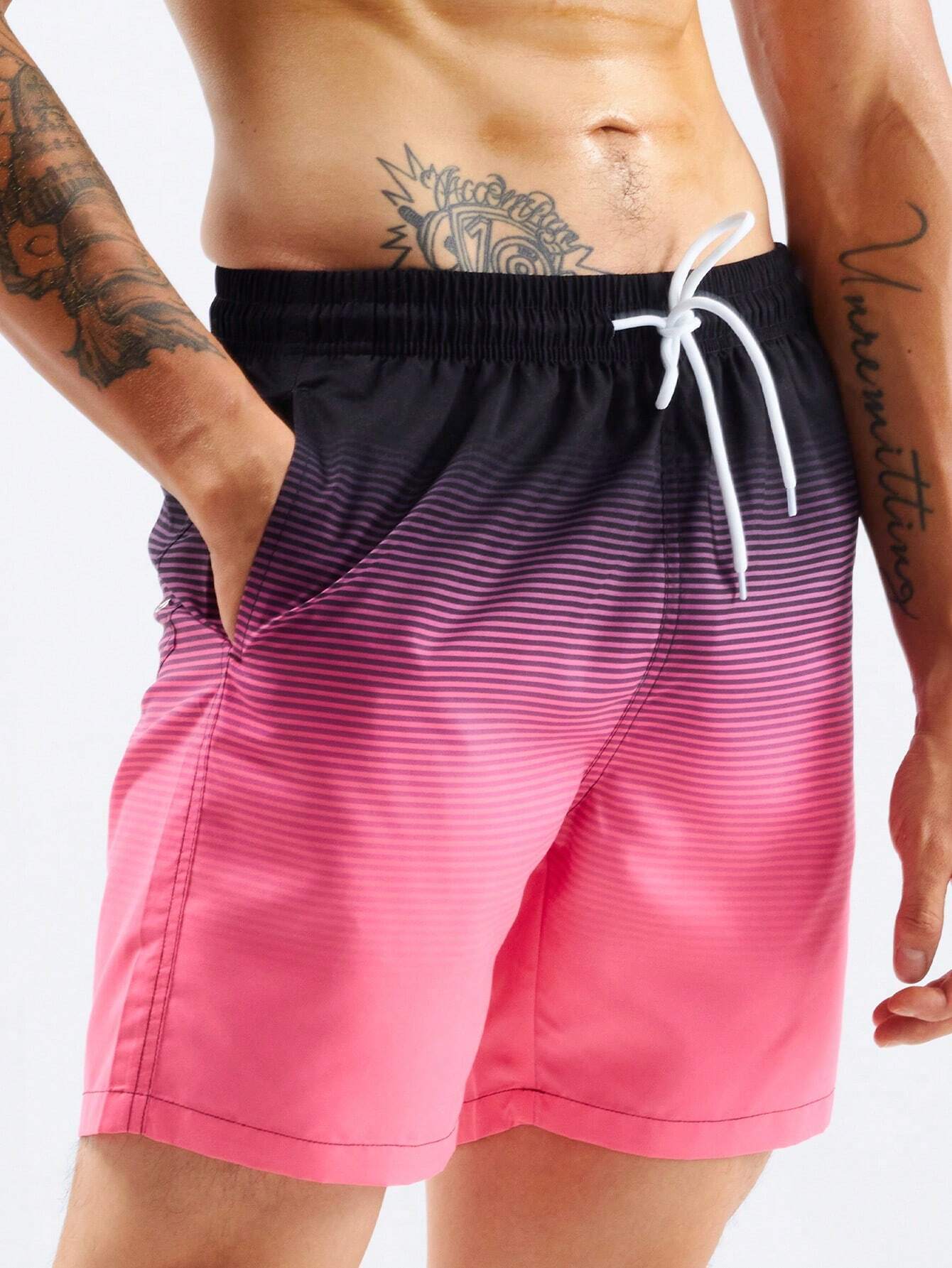 Striped Print Flap Pocket Swim Shorts-Waves And Trunks