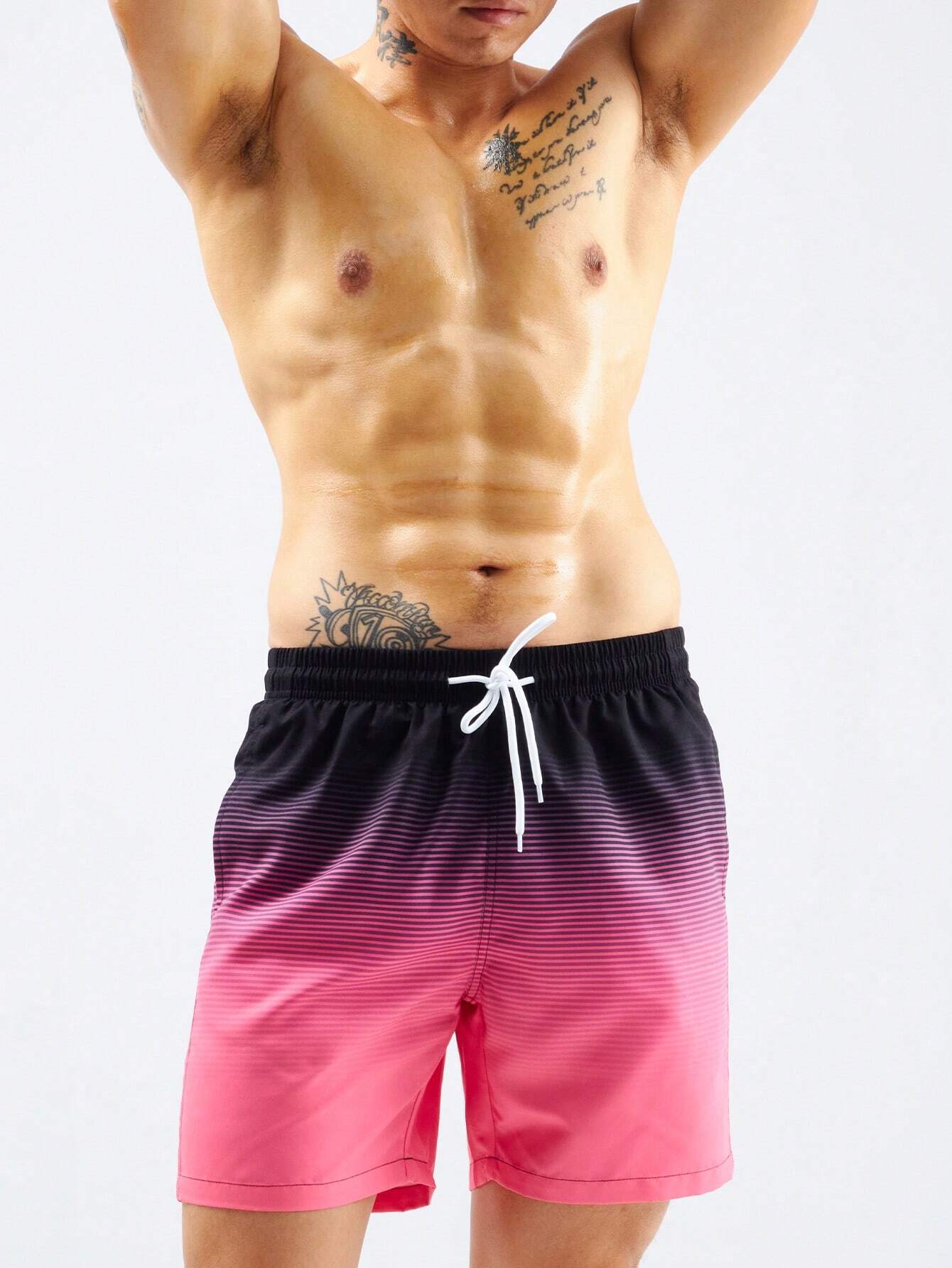 Striped Print Flap Pocket Swim Shorts-Waves And Trunks