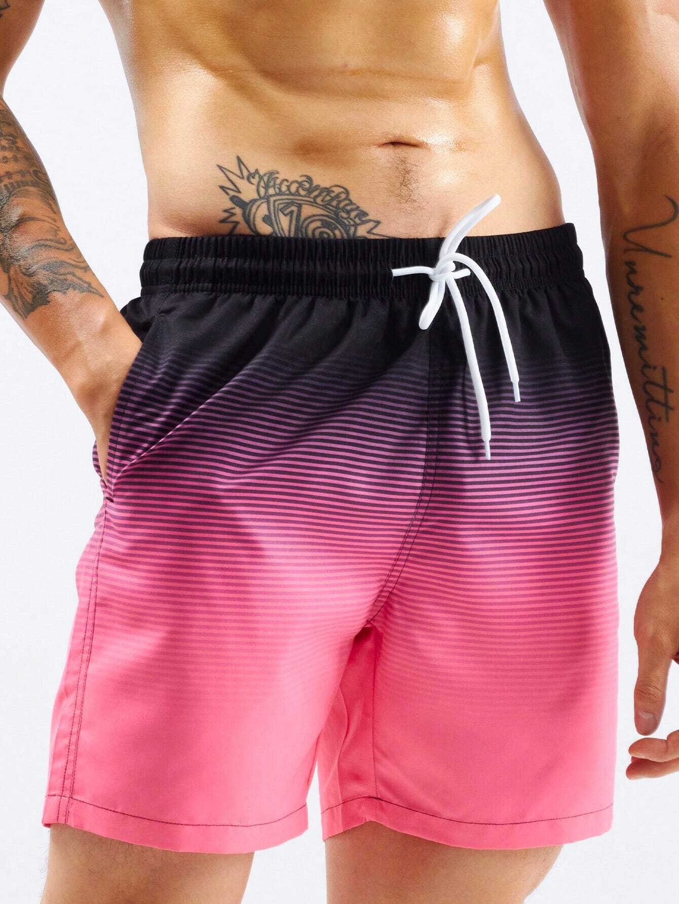 Striped Print Flap Pocket Swim Shorts-Waves And Trunks