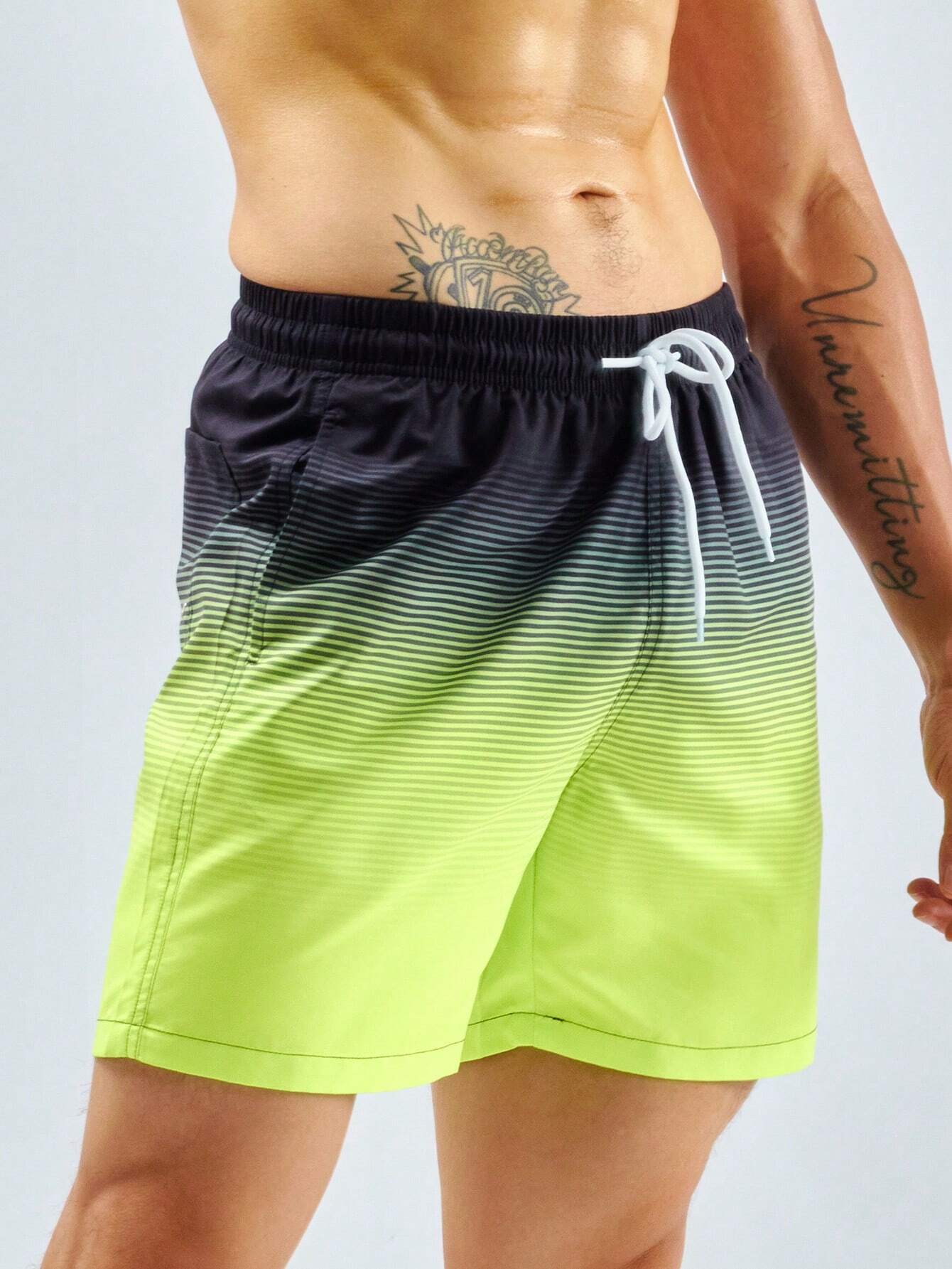 Striped Drawstring Waist Swim Shorts With Pocket Detail-Waves And Trunks