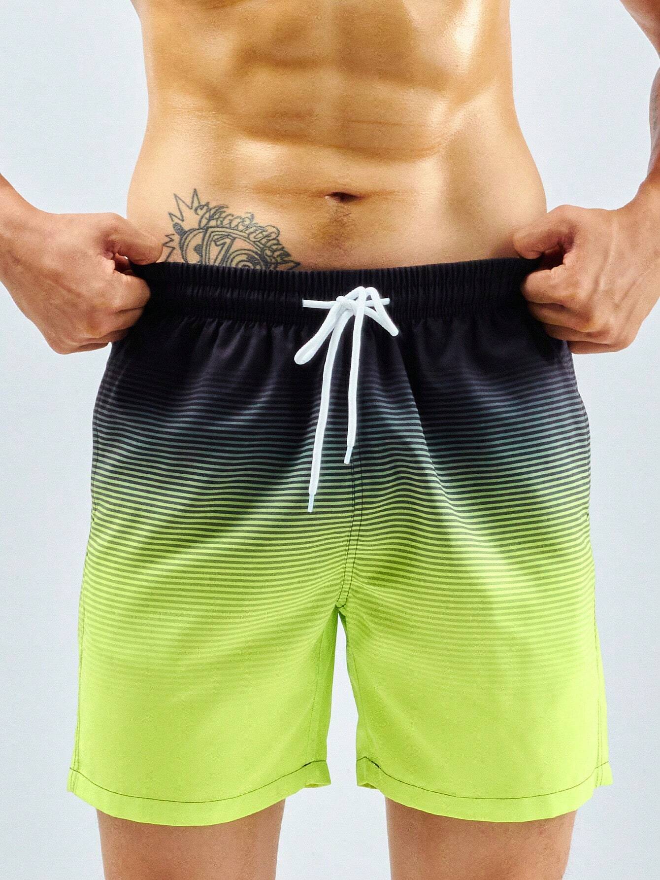 Striped Print Flap Pocket Swim Shorts-Waves And Trunks