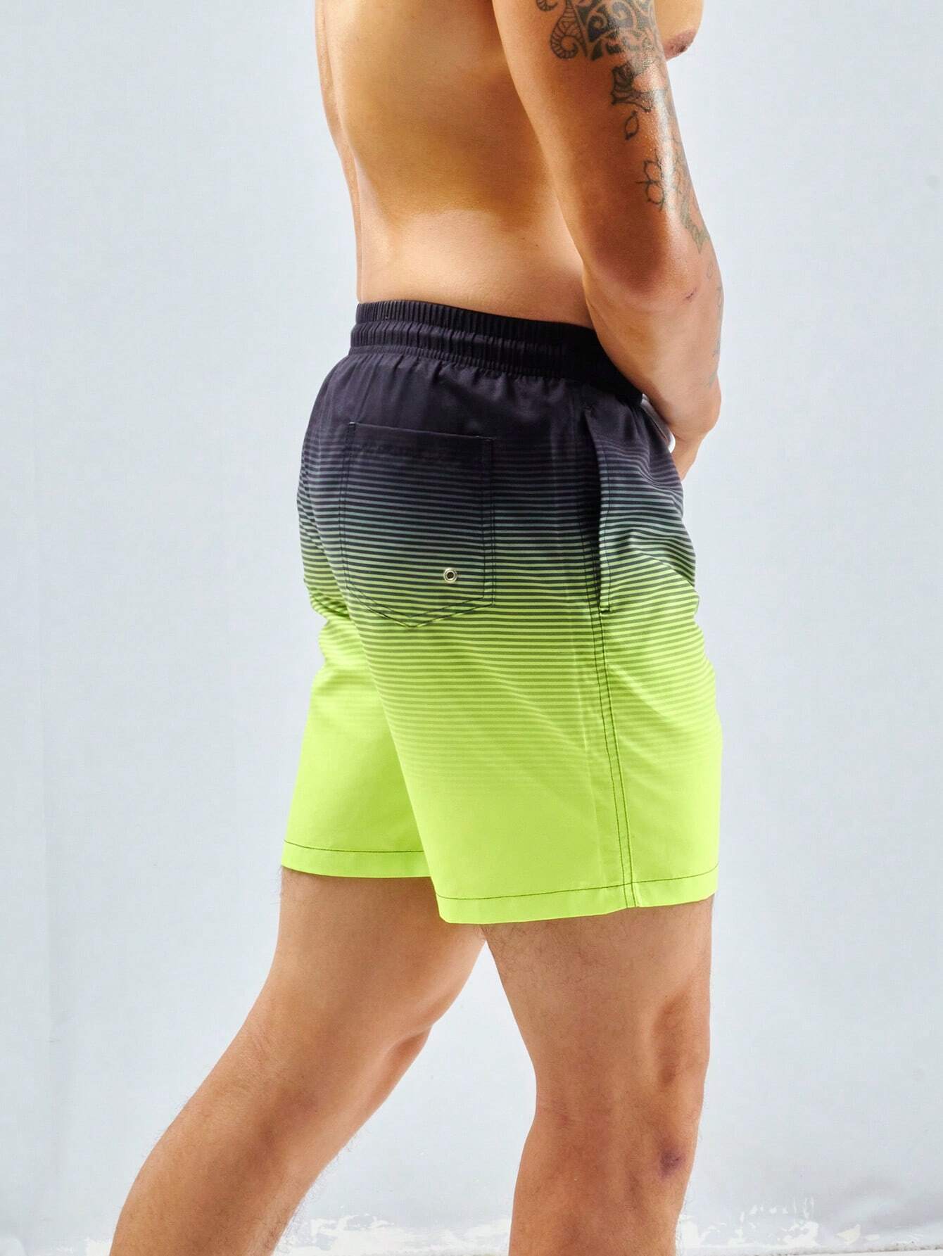 Striped Drawstring Waist Swim Shorts With Pocket Detail-Waves And Trunks