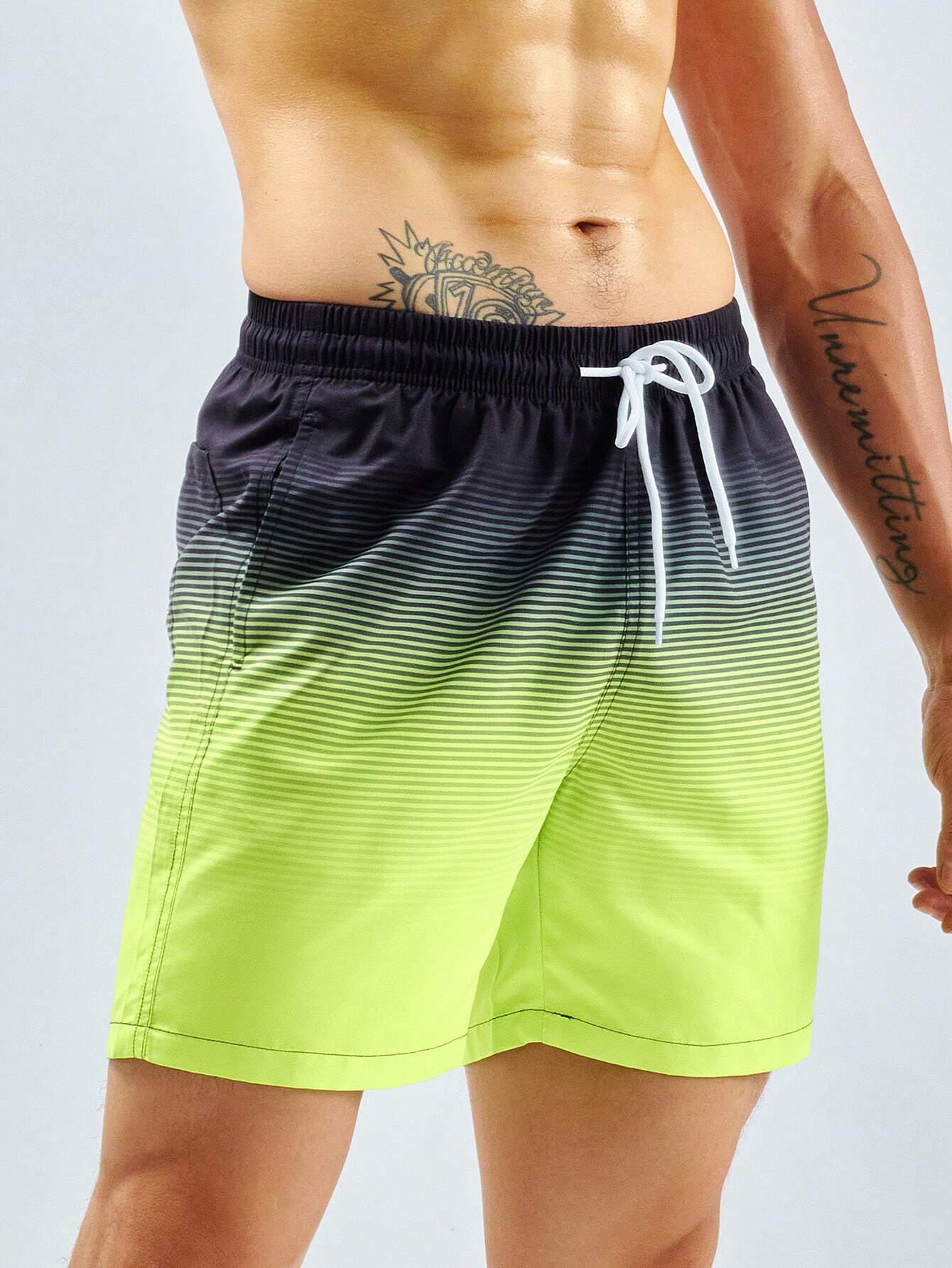 Striped Print Flap Pocket Swim Shorts-Waves And Trunks