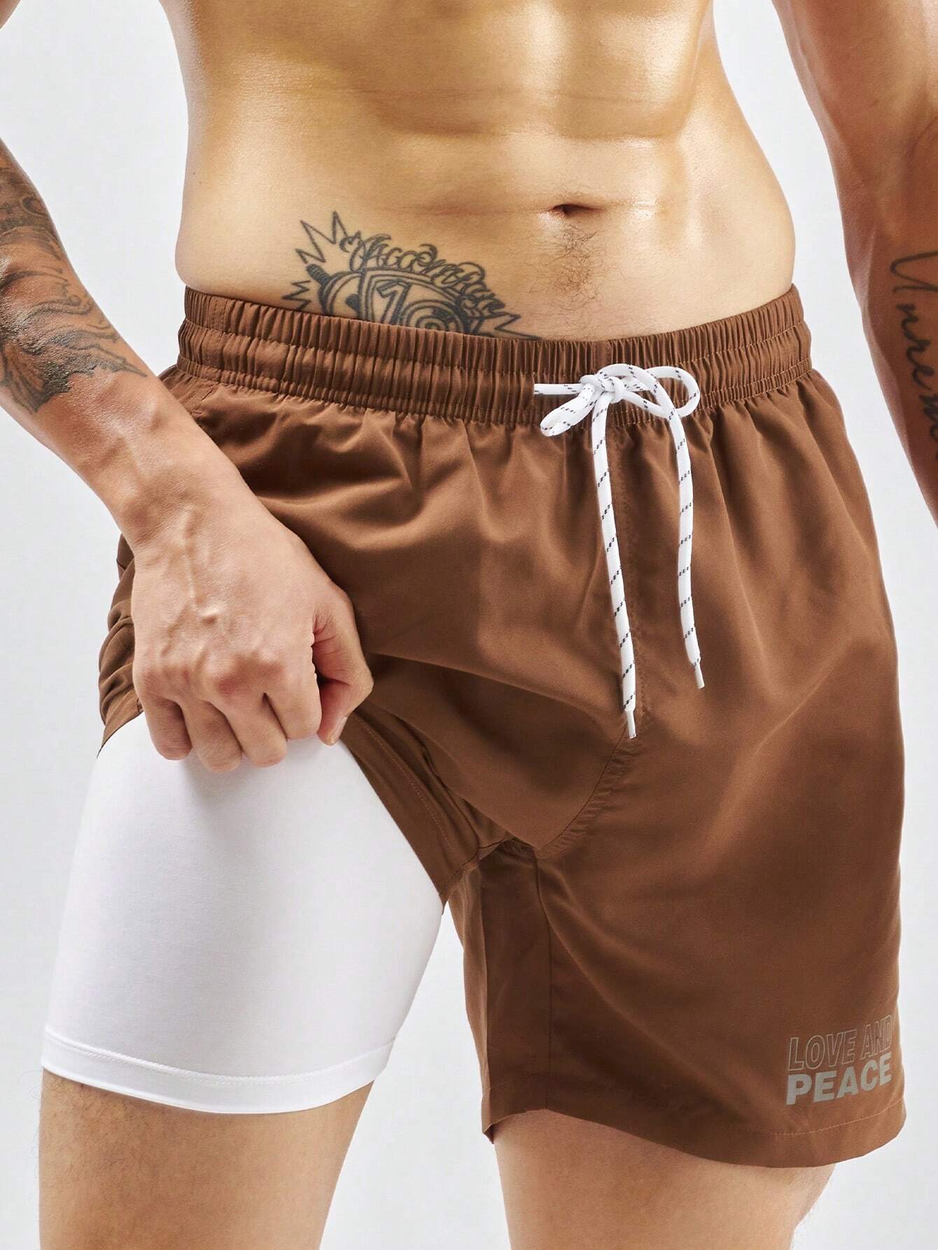 2 In 1 Drawstring Waist Swim Trunks-Waves And Trunks