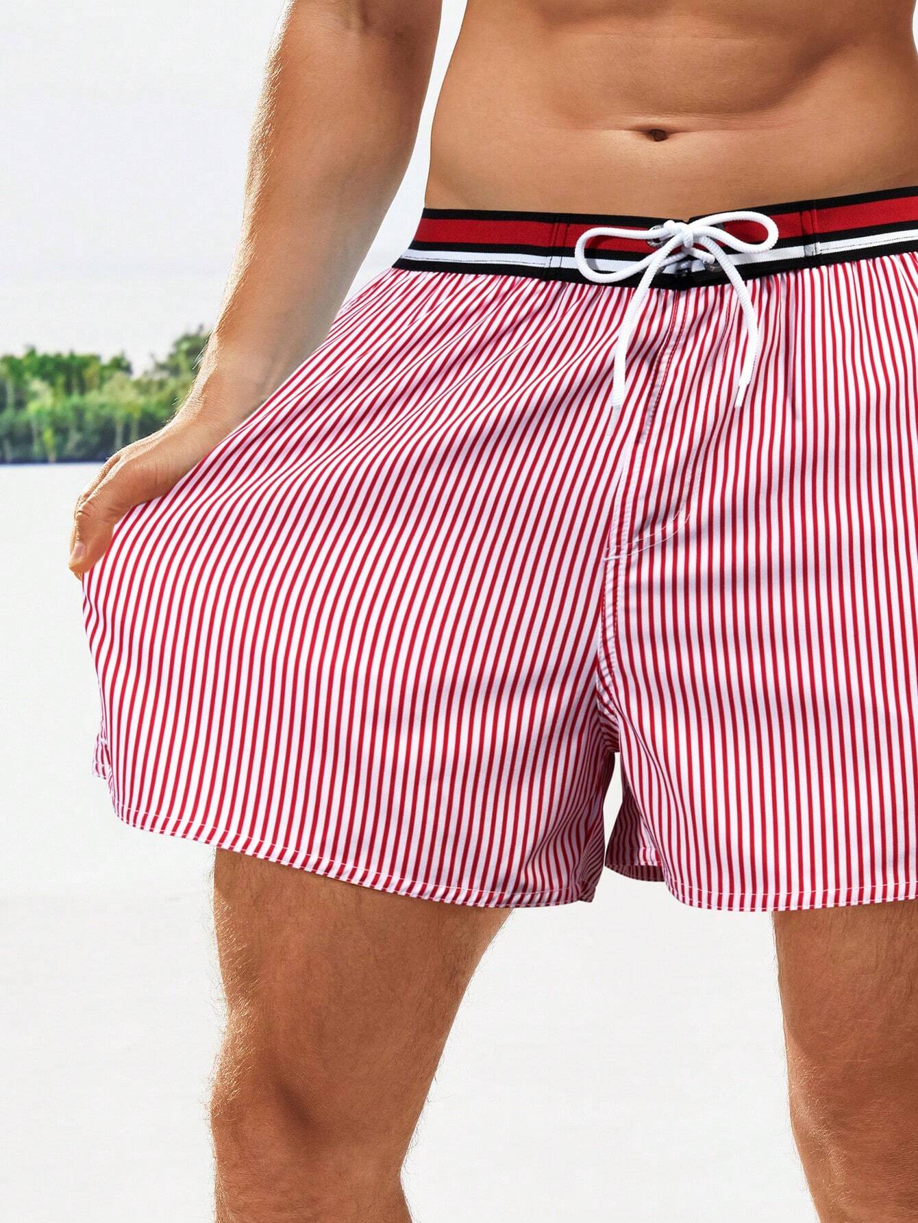 Striped Print Drawstring Waist Swim Shorts-Waves And Trunks