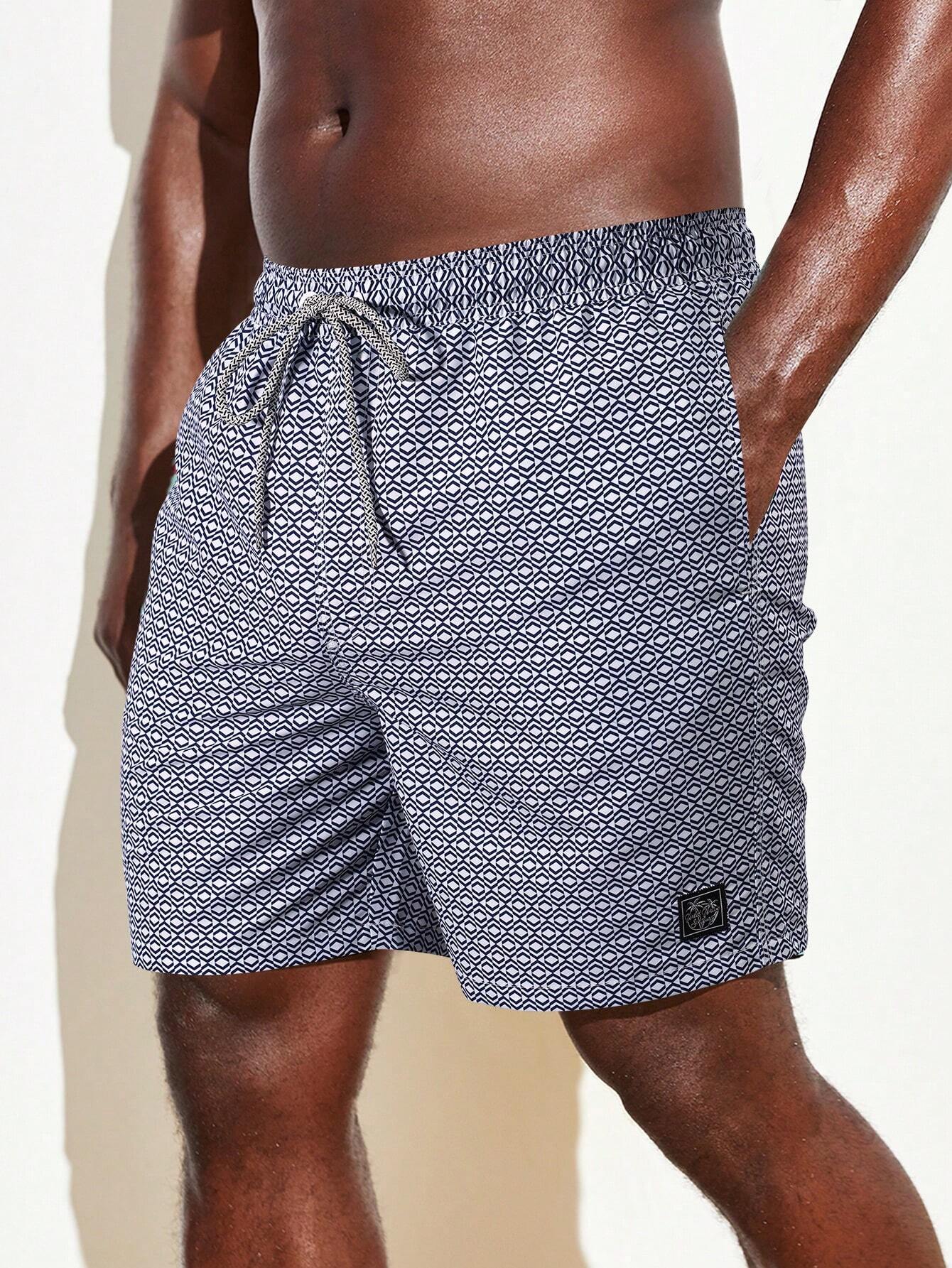 Allover Geo Print Patched Detail Beach Shorts-Waves And Trunks