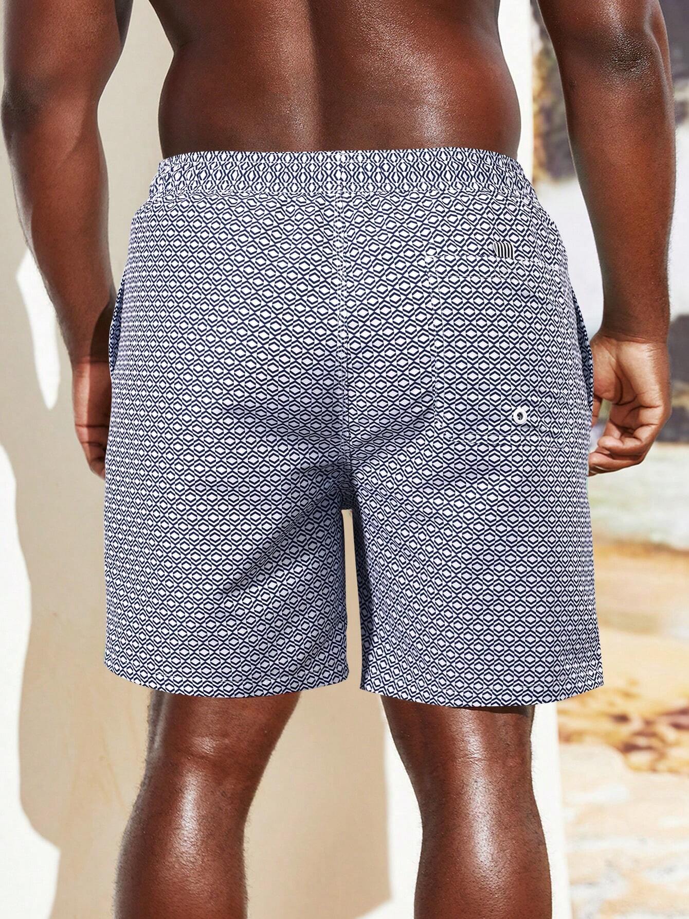 Allover Geo Print Patched Detail Beach Shorts-Waves And Trunks