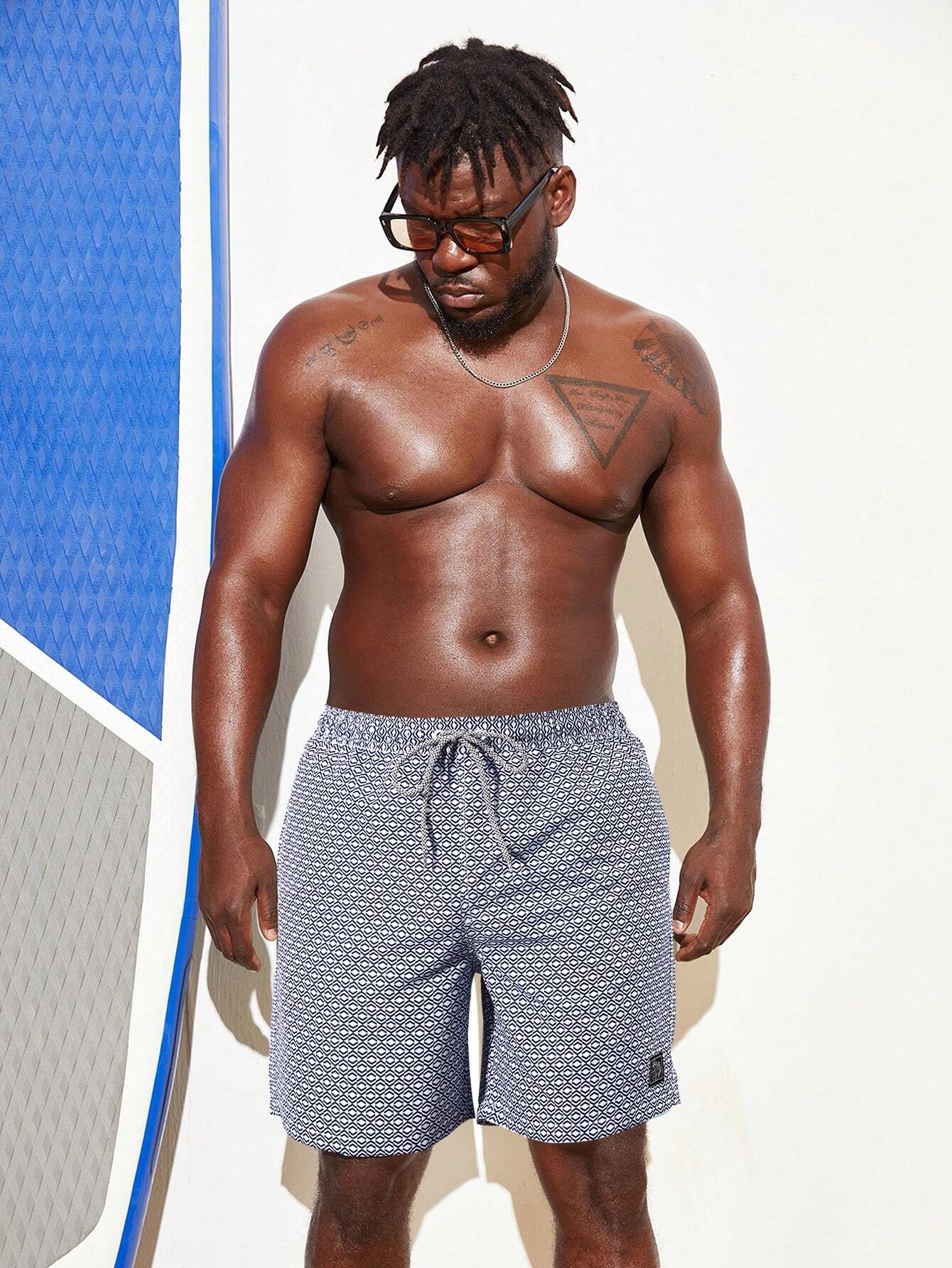 Allover Geo Print Patched Detail Beach Shorts-Waves And Trunks