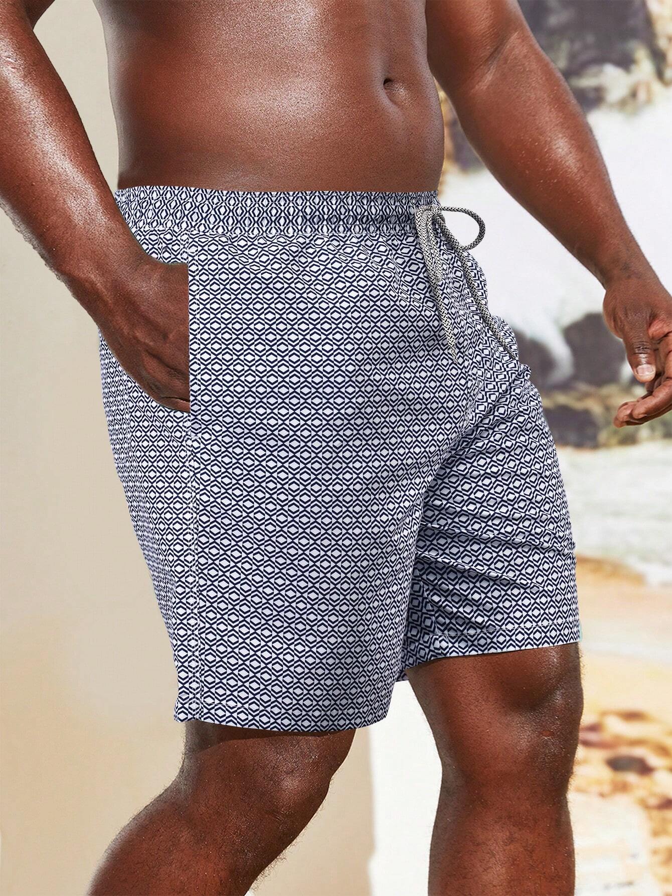 Allover Geo Print Patched Detail Beach Shorts-Waves And Trunks