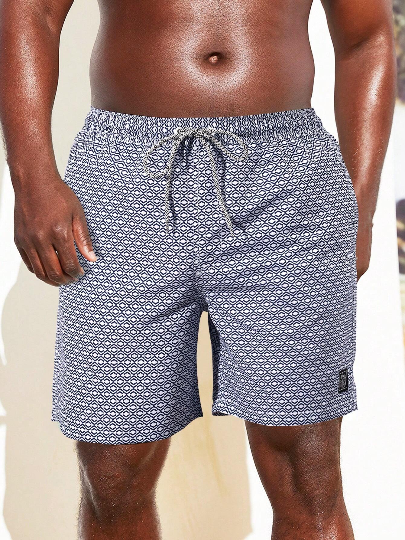 Allover Geo Print Patched Detail Beach Shorts-Waves And Trunks