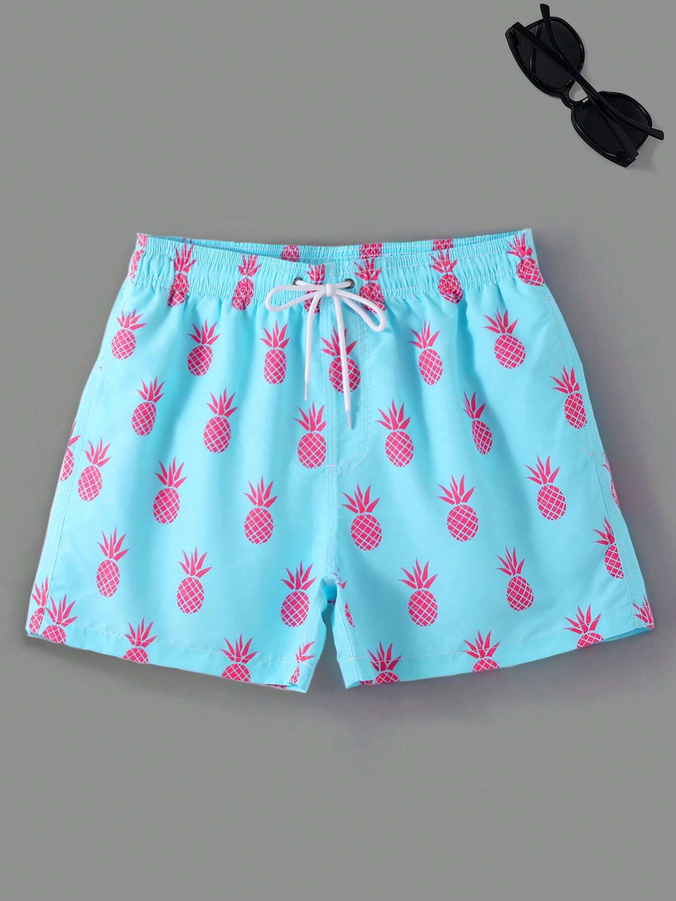 Pineapple Print Drawstring Waist Swim Trunks-Waves And Trunks