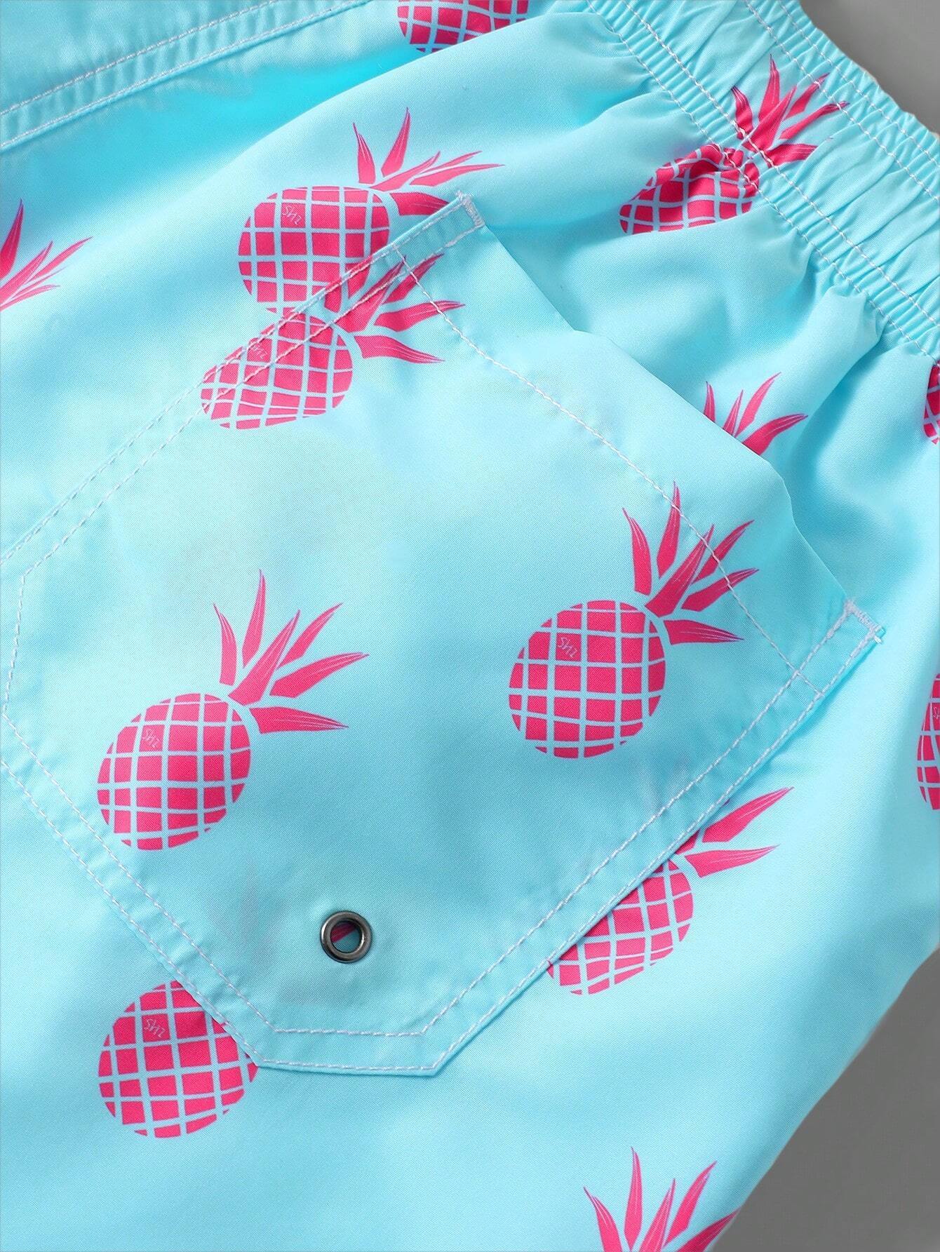 Pineapple Print Drawstring Waist Swim Trunks-Waves And Trunks