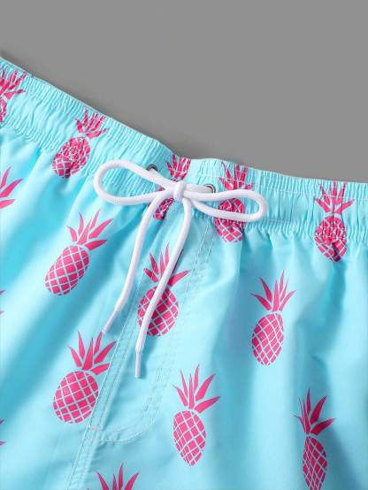 Pineapple Print Drawstring Waist Swim Trunks-Waves And Trunks
