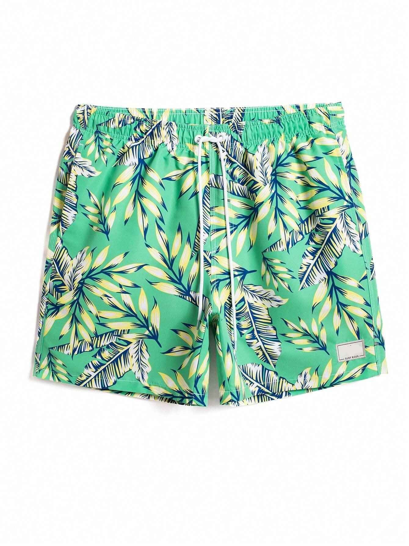 Tropical Print Drawstring Waist Swim Trunks With Pocket-Waves And Trunks