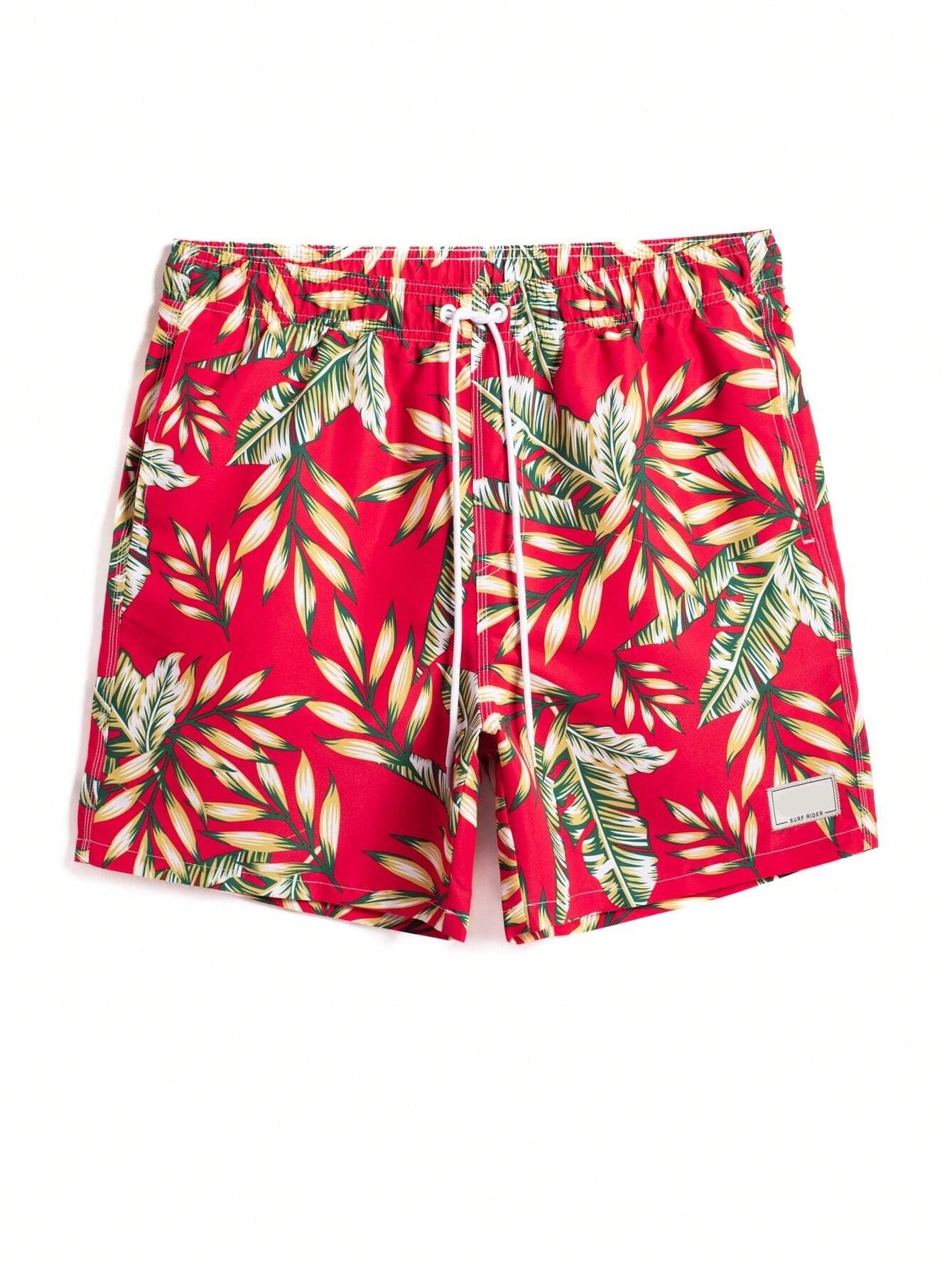 Tropical Print Drawstring Waist Swim Trunks With Pocket-Waves And Trunks
