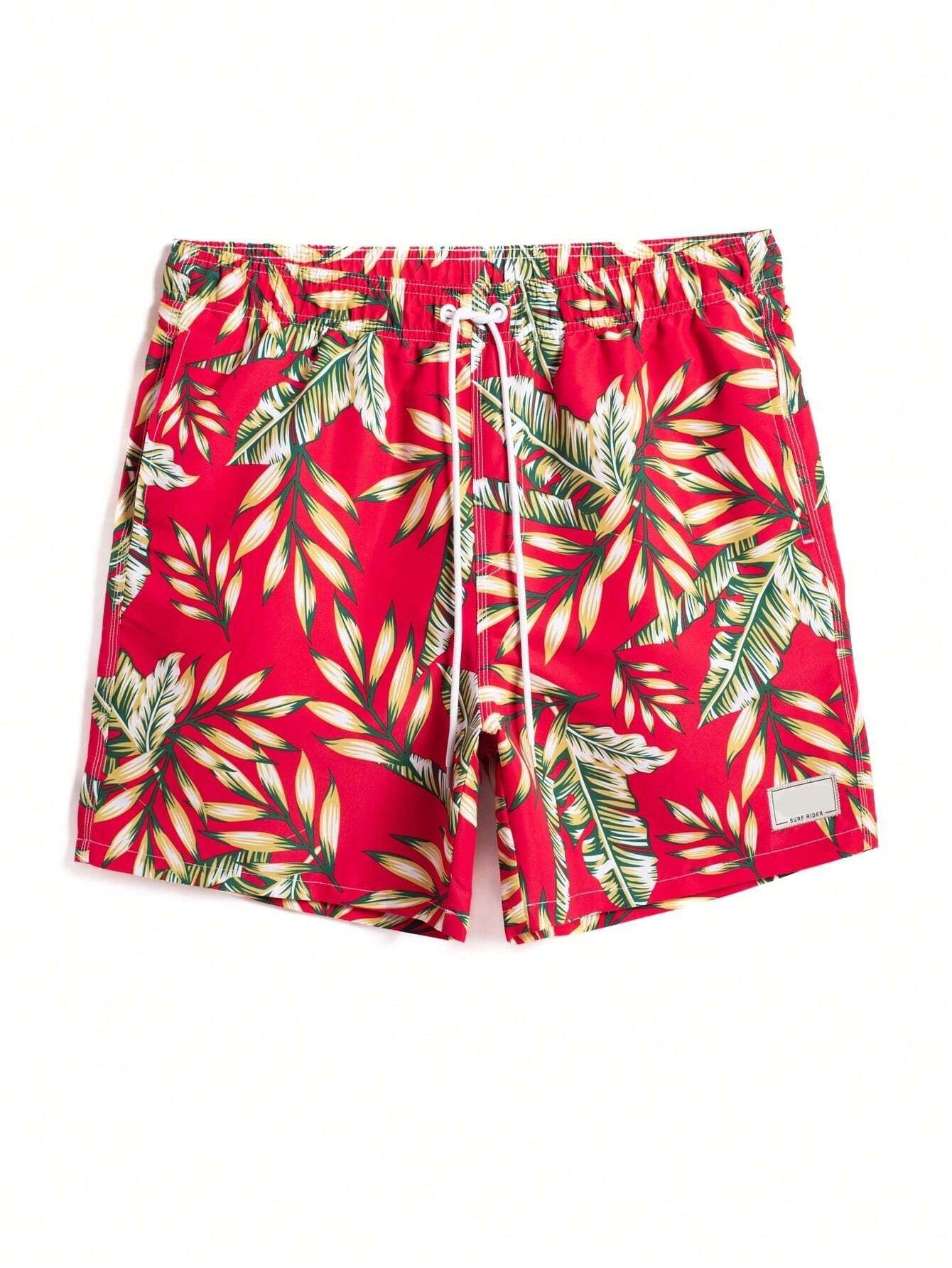 Tropical Print Drawstring Waist Swim Trunks With Pocket-Waves And Trunks