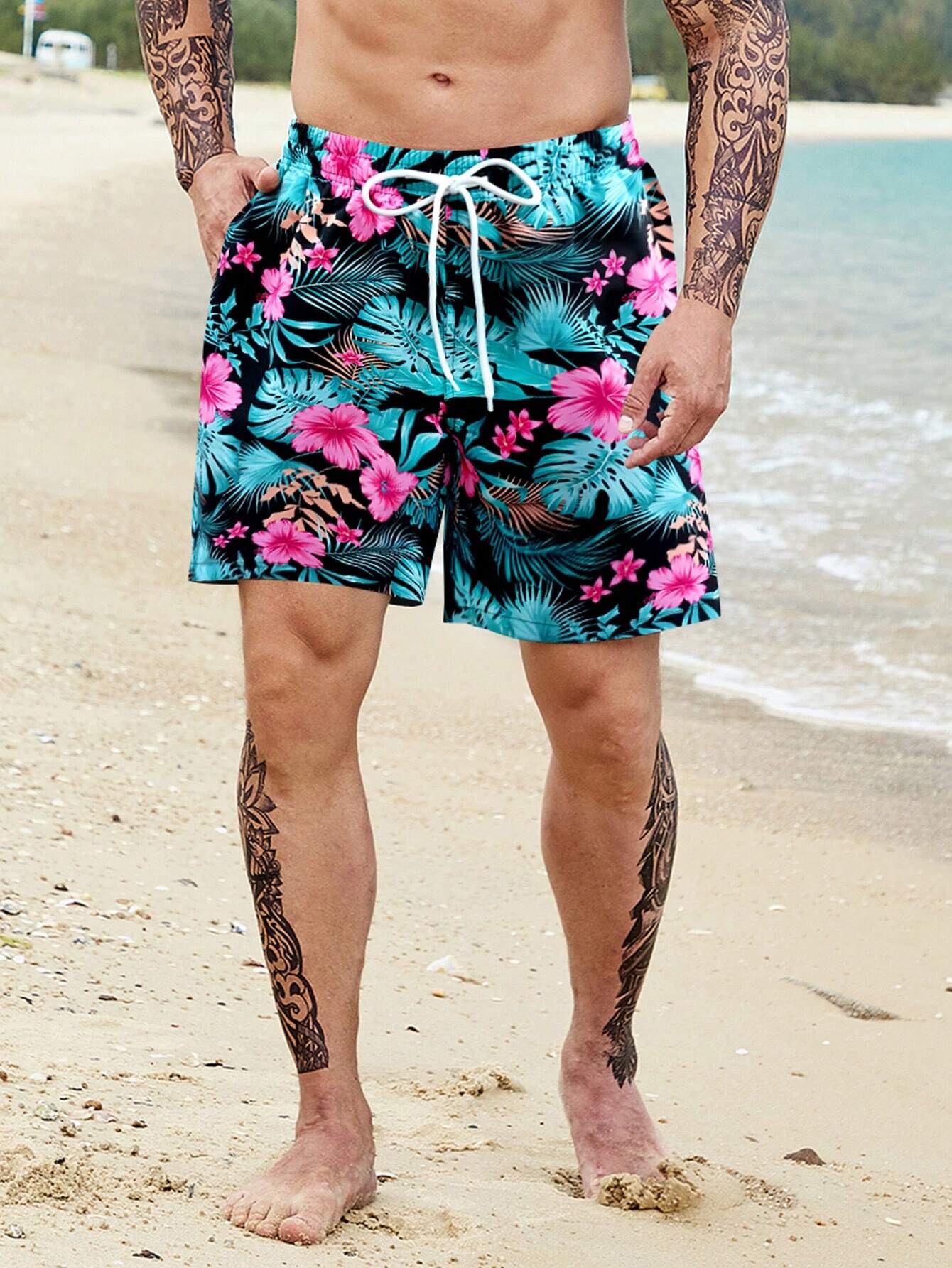 Tropical All Over Print Drawstring Pocket Shorts-Waves And Trunks