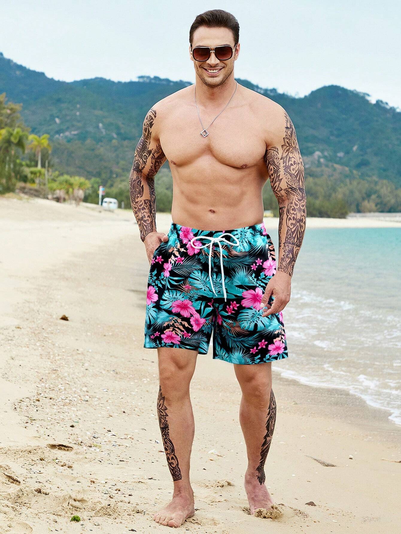 Tropical All Over Print Drawstring Pocket Shorts-Waves And Trunks