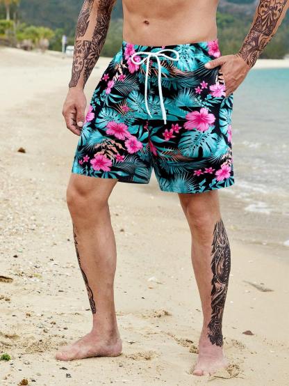 Tropical All Over Print Drawstring Pocket Shorts-Waves And Trunks