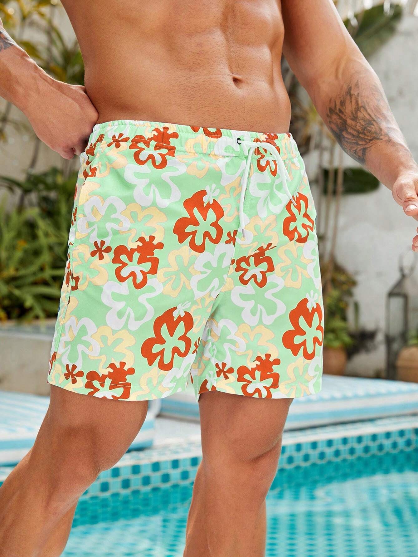 Floral Drawstring Waist Swim Trunks-Waves And Trunks