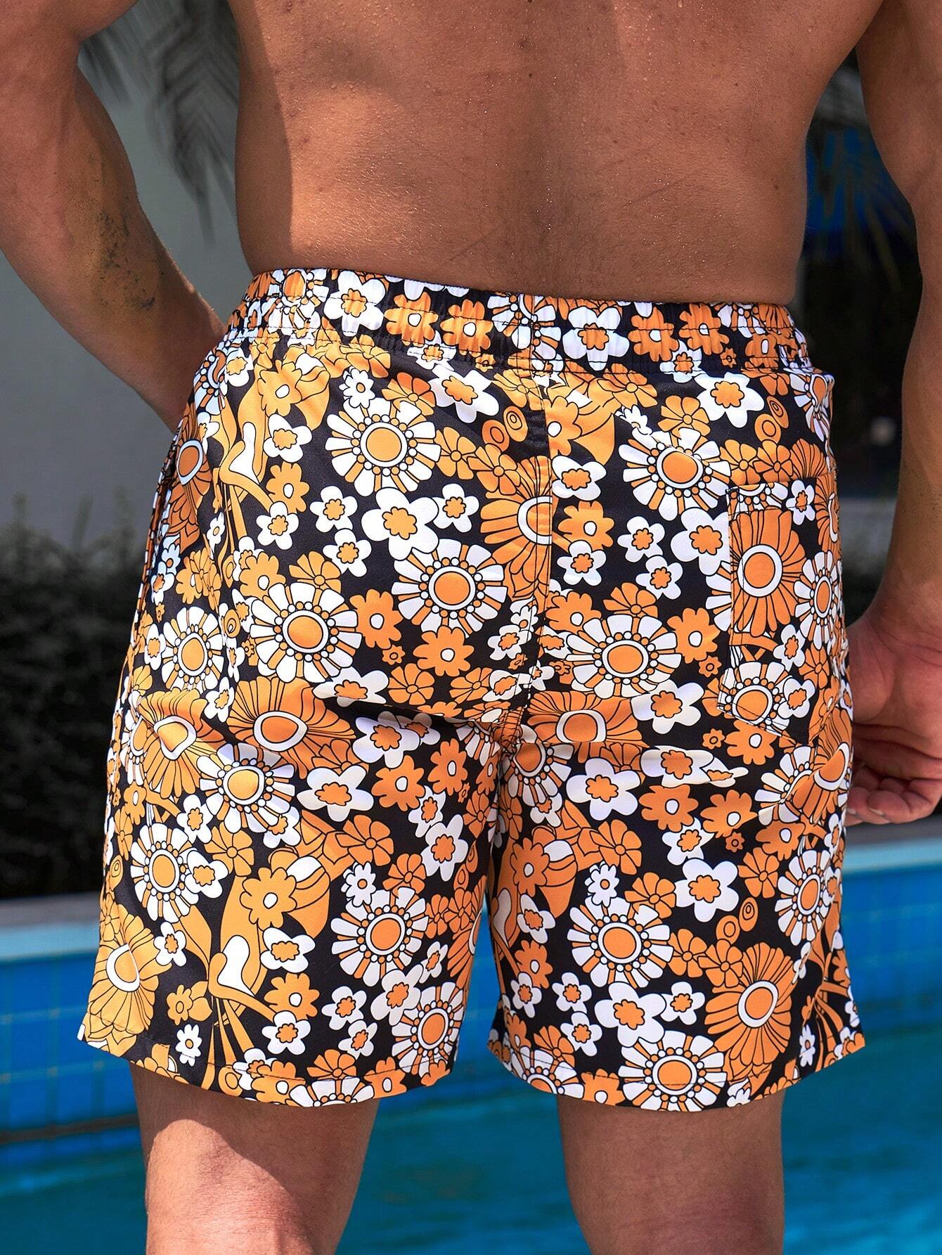 Drawstring Floral Printed Swim Trunks-Waves And Trunks