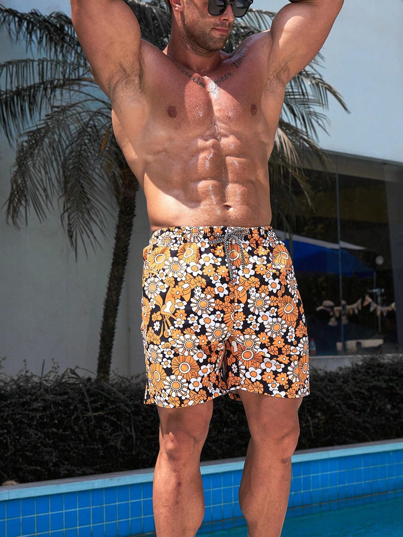 Drawstring Floral Printed Swim Trunks-Waves And Trunks