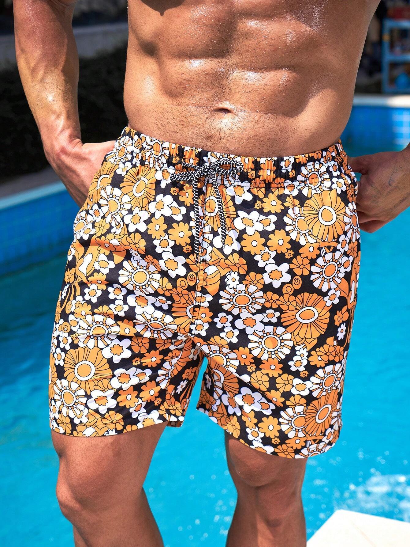 Drawstring Floral Printed Swim Trunks-Waves And Trunks