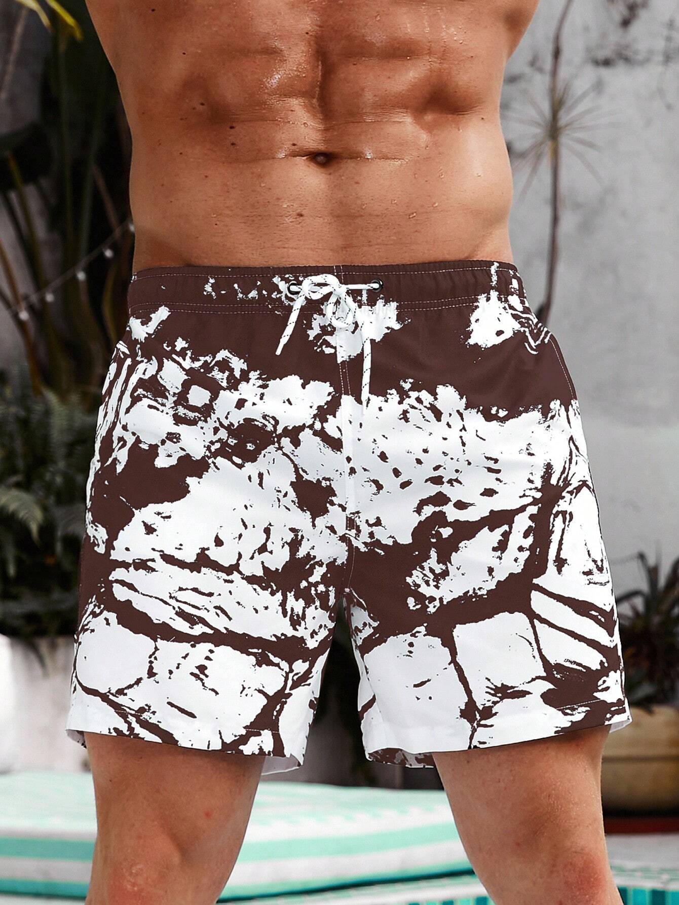 Graphic Print Drawstring Waist Swim Trunks-Waves And Trunks