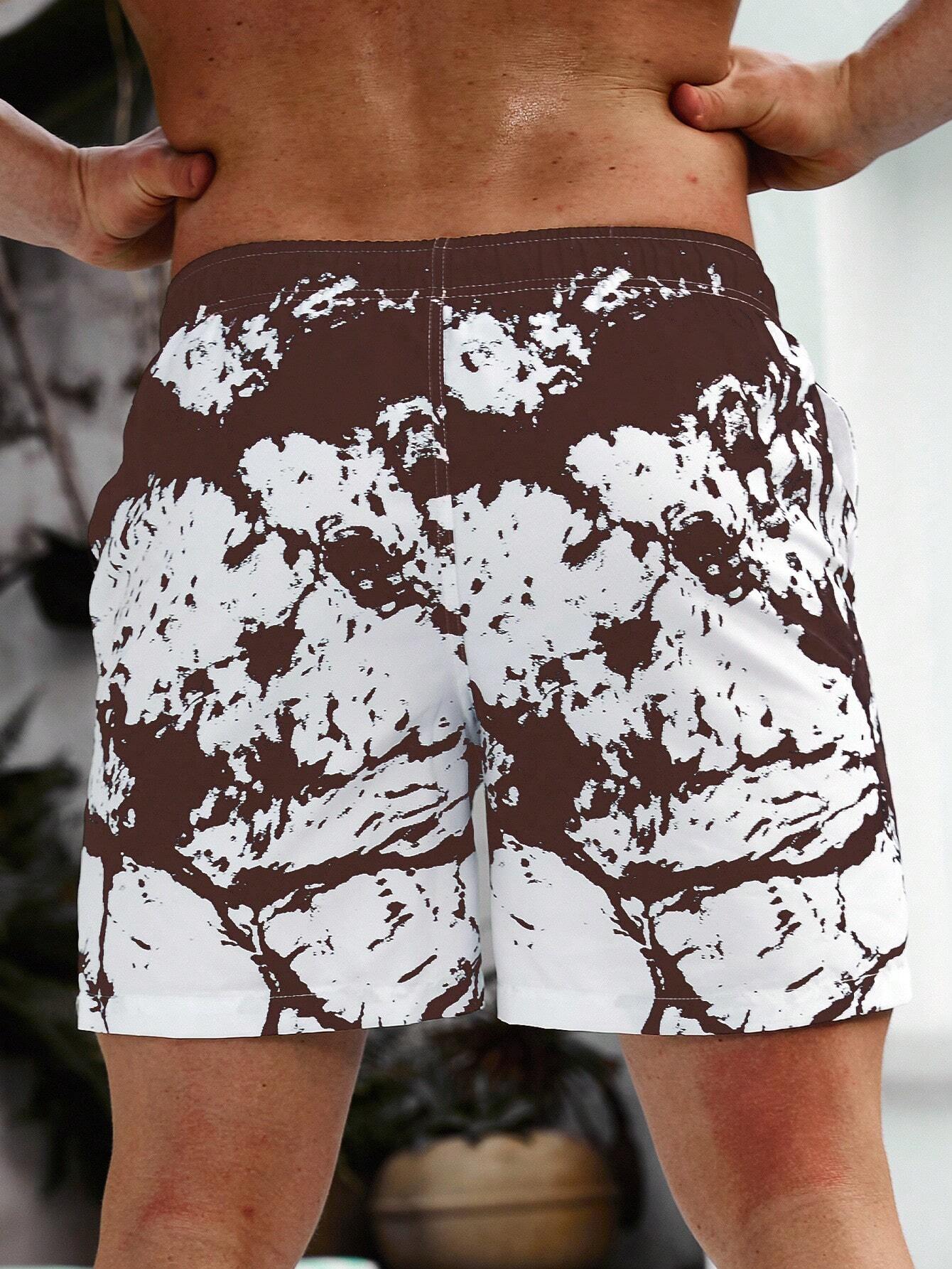 Graphic Print Drawstring Waist Swim Trunks-Waves And Trunks