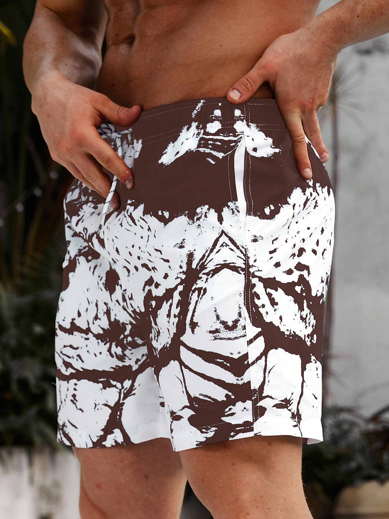 Graphic Print Drawstring Waist Swim Trunks-Waves And Trunks