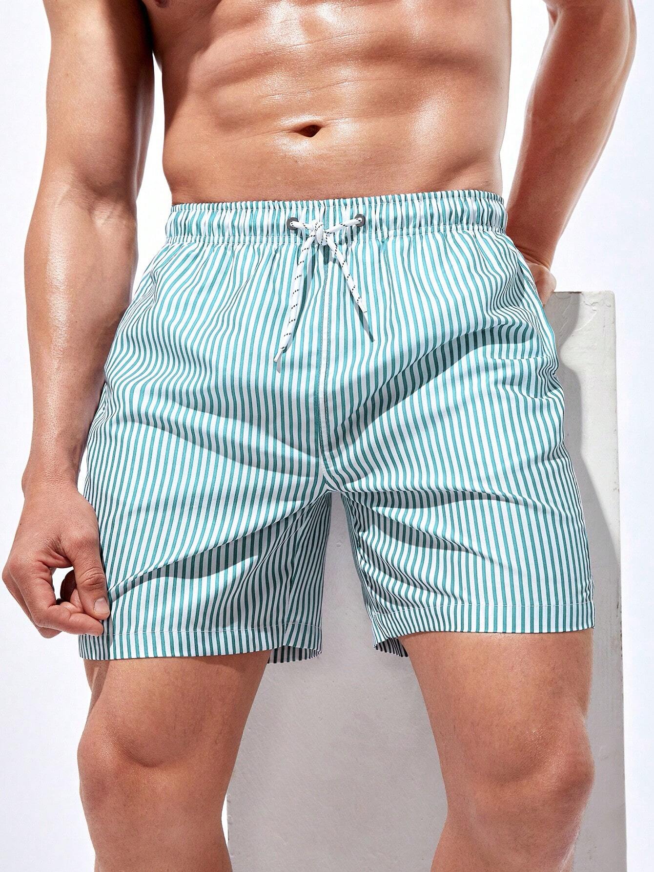 Striped Drawstring Waist Swim Shorts-Waves And Trunks