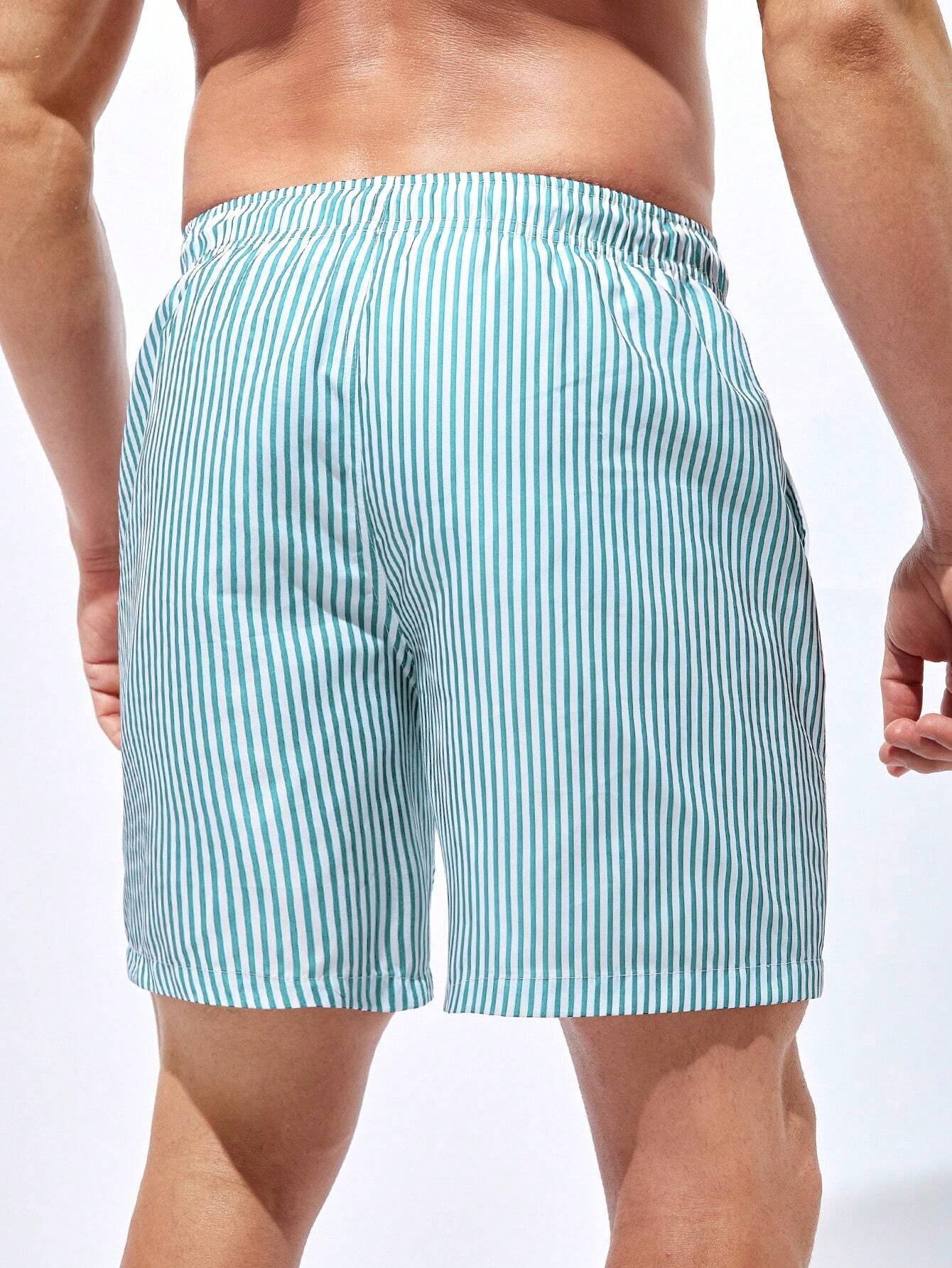 Striped Drawstring Waist Swim Shorts-Waves And Trunks