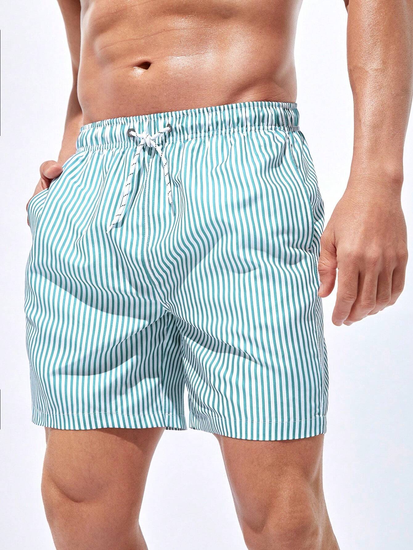 Striped Drawstring Waist Swim Shorts-Waves And Trunks