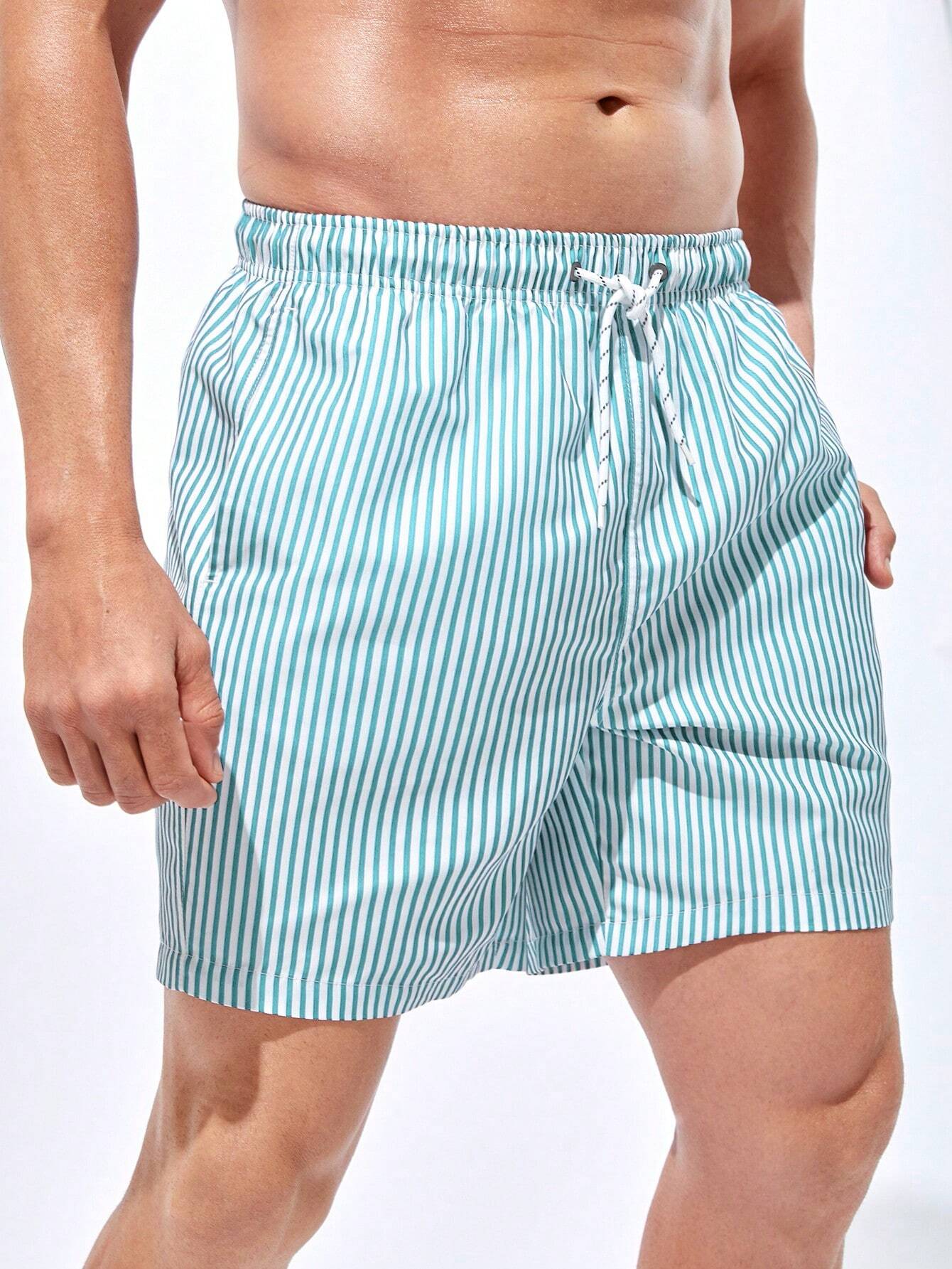 Striped Drawstring Waist Swim Shorts-Waves And Trunks