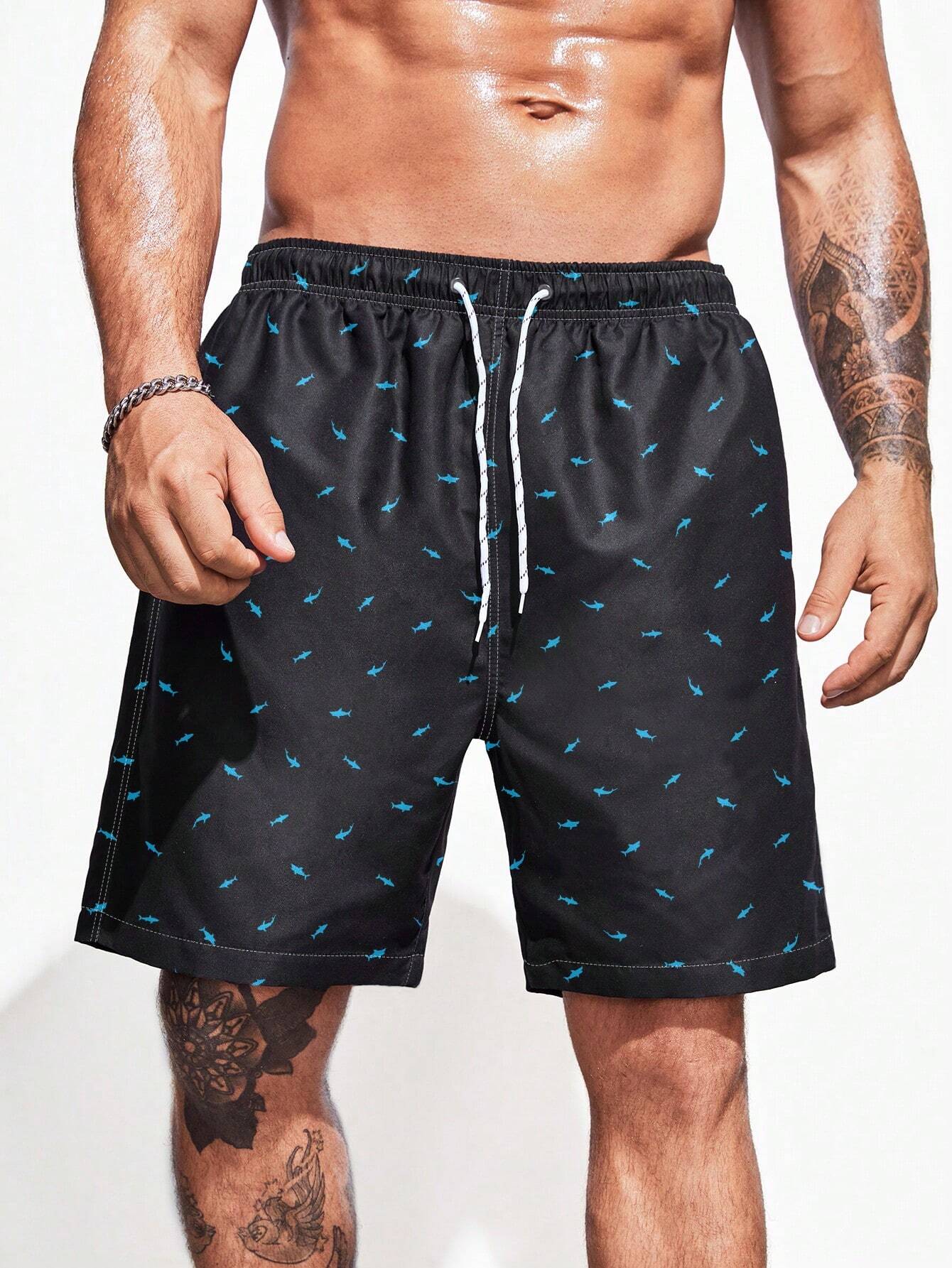 Allover Print Drawstring Swim Trunks-Waves And Trunks