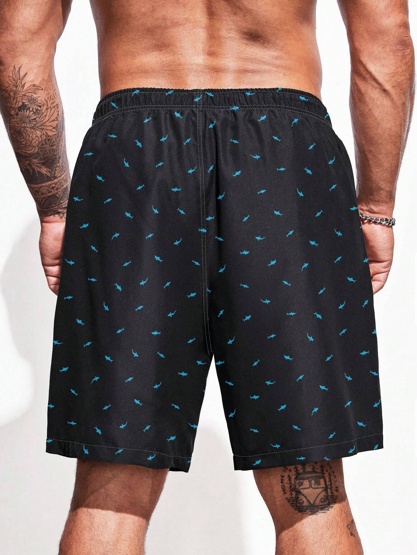 Drawstring Waist Non Stretch Allover Print Swim Trunks-Waves And Trunks