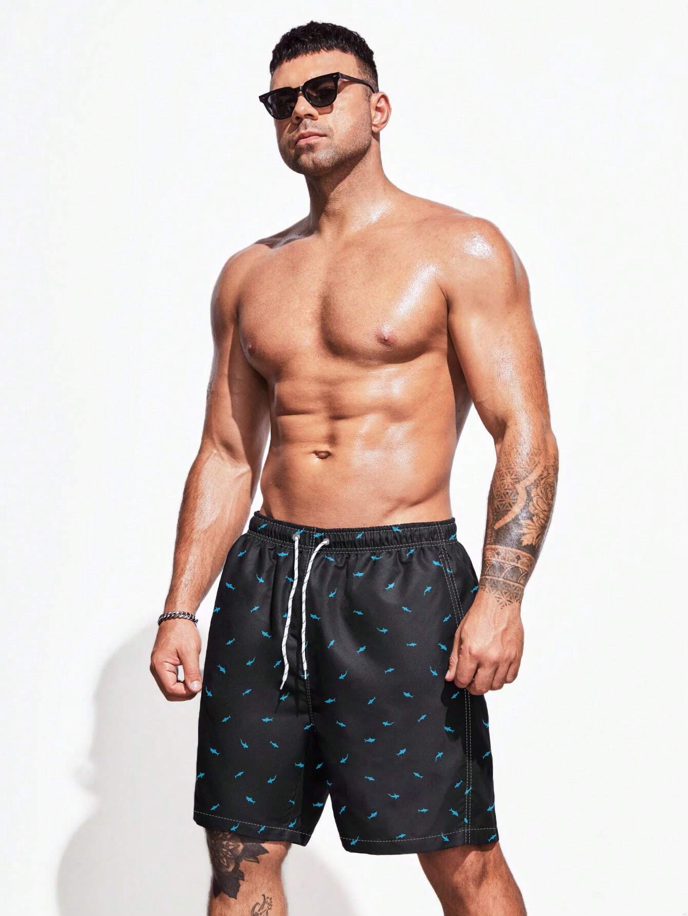 Allover Print Drawstring Swim Trunks-Waves And Trunks