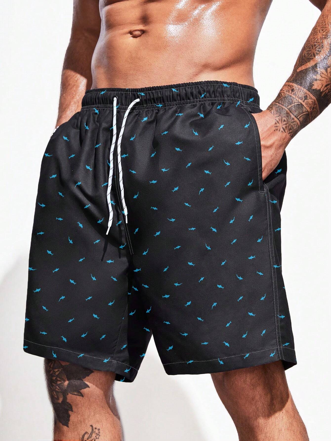 Allover Print Drawstring Swim Trunks-Waves And Trunks