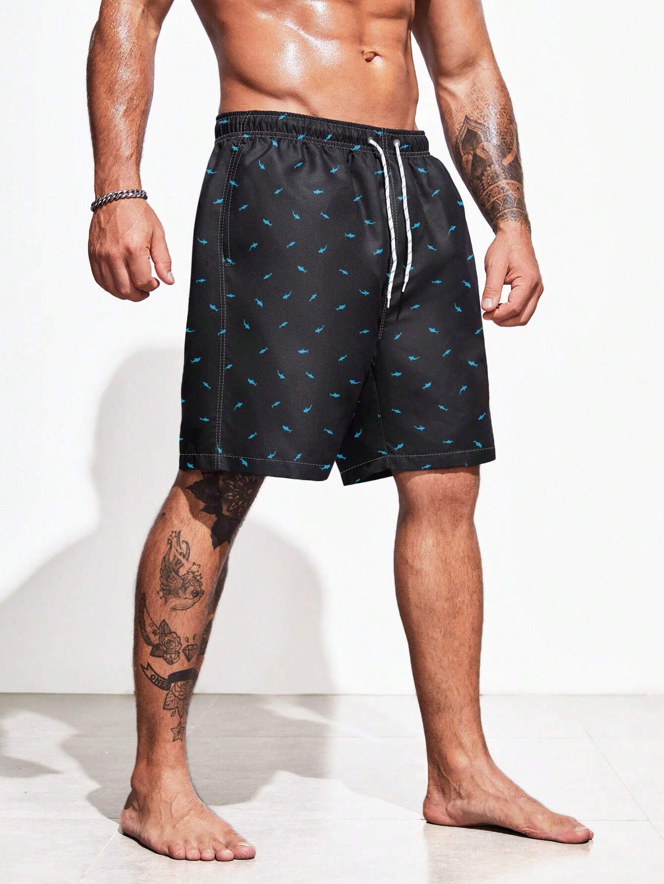 Allover Print Drawstring Swim Trunks-Waves And Trunks