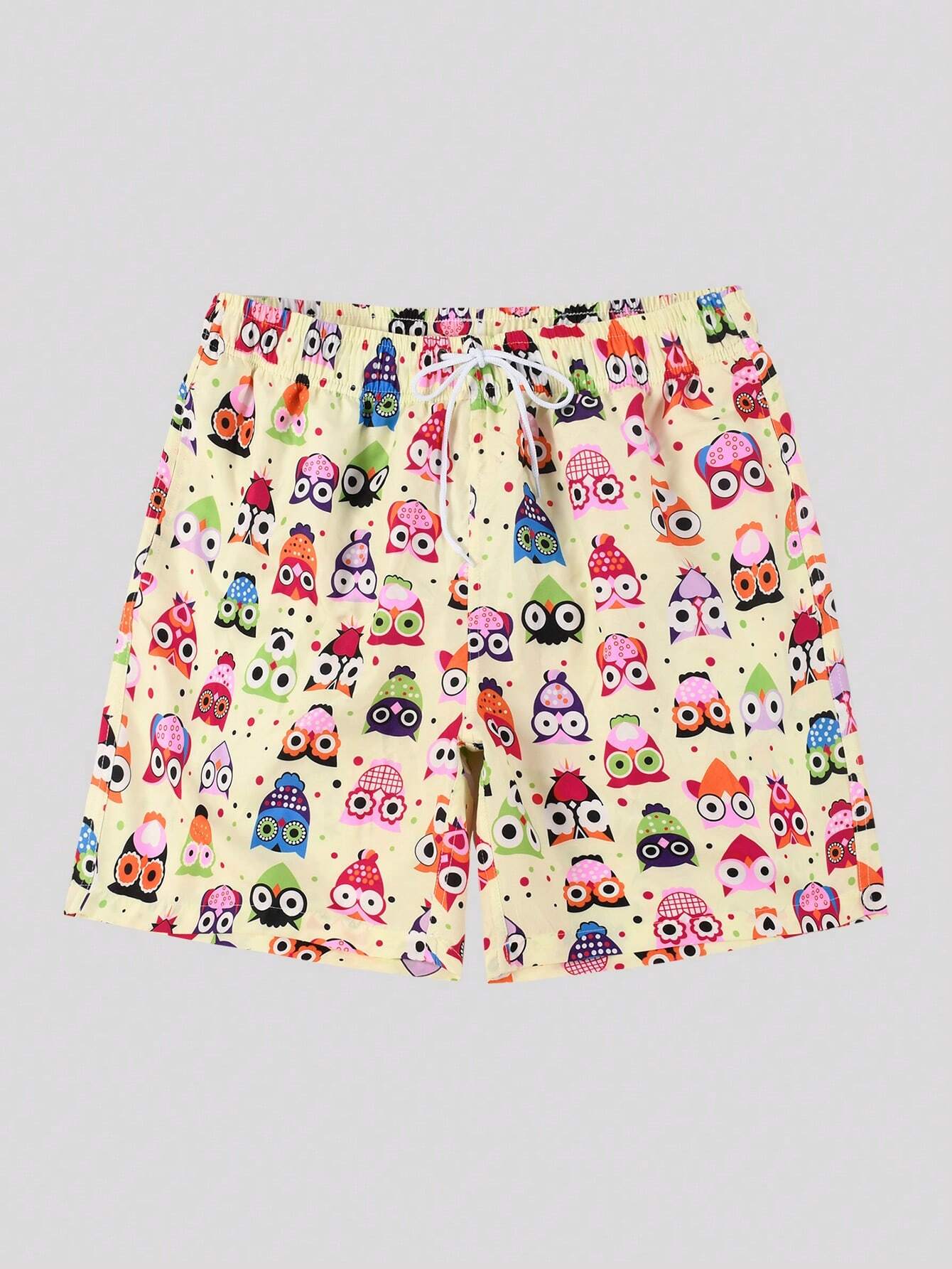 Allover Cartoon Graphic Print Beach Shorts-Waves And Trunks