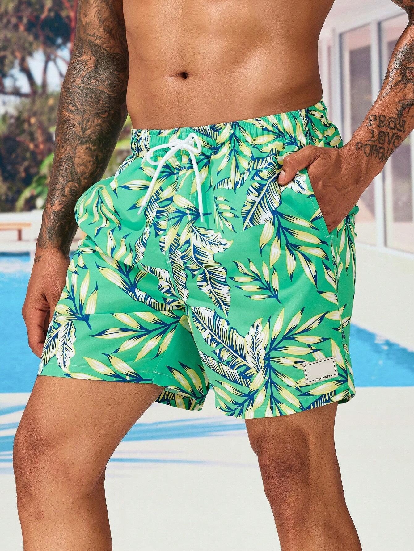 Tropical Print Drawstring Waist Swim Trunks With Pocket-Waves And Trunks