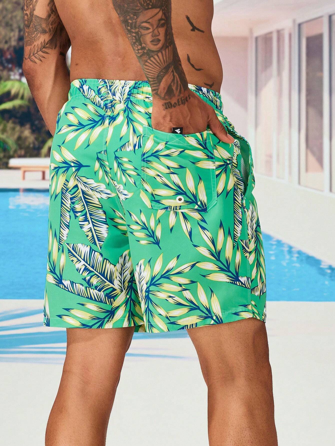 Tropical Print Drawstring Waist Swim Trunks With Pocket-Waves And Trunks