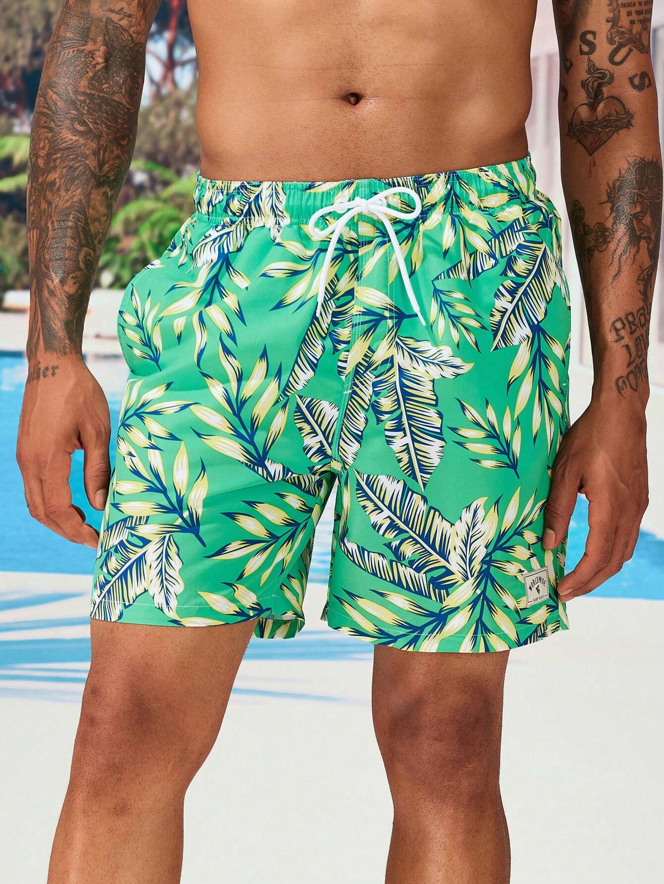 Tropical Print Drawstring Waist Swim Trunks With Pocket-Waves And Trunks