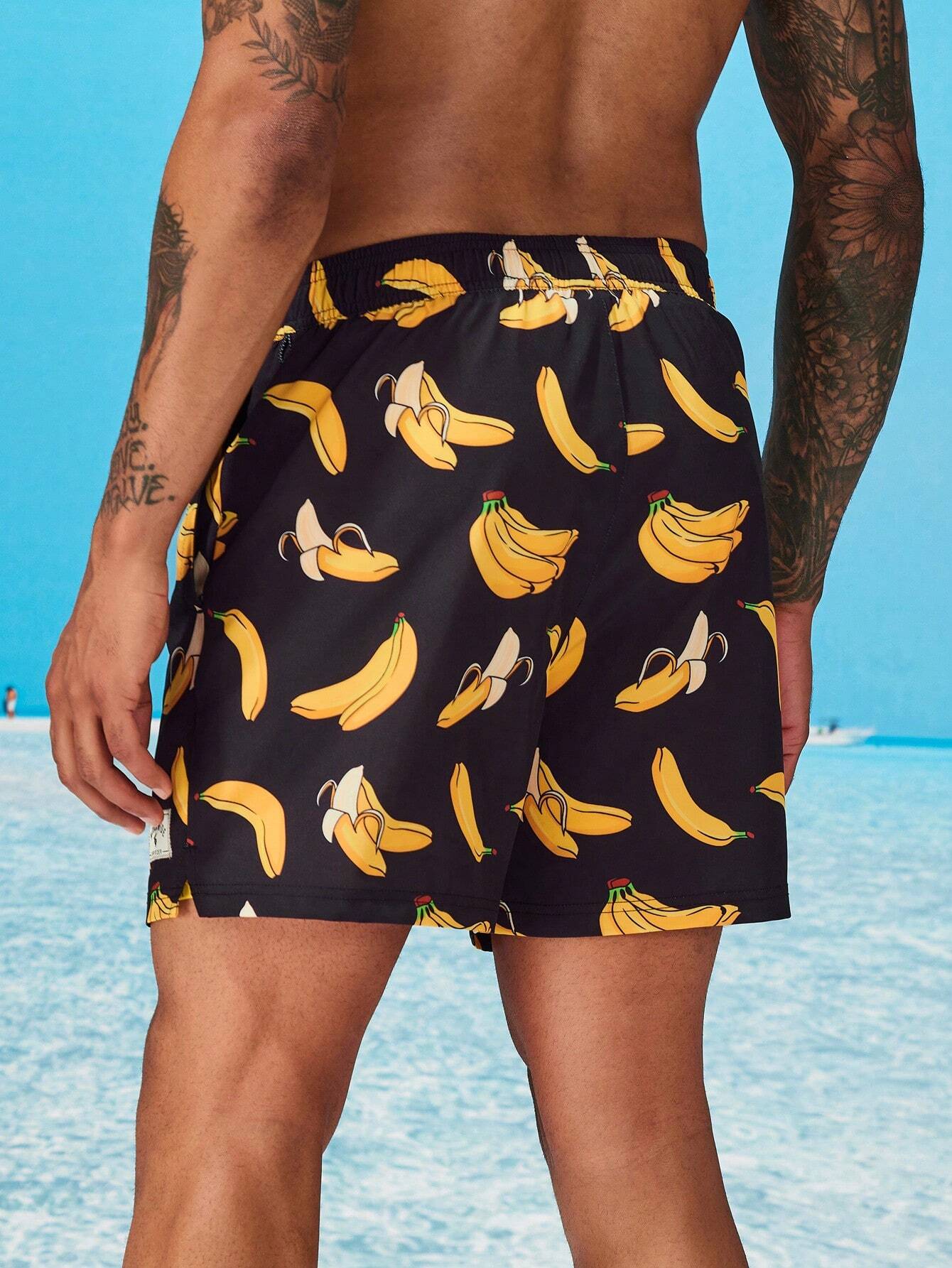 Banana Print Drawstring Waist Swim Trunk-Waves And Trunks